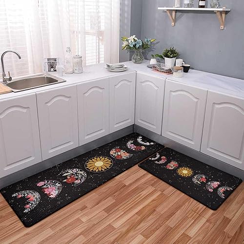 Miniatura 2 de Yinhua Tapetes de cocina de primavera, 2 piezas, diseño de flores de fase lunar para piso, antifatiga, tapetes de cocina acolchados florales, tapete
