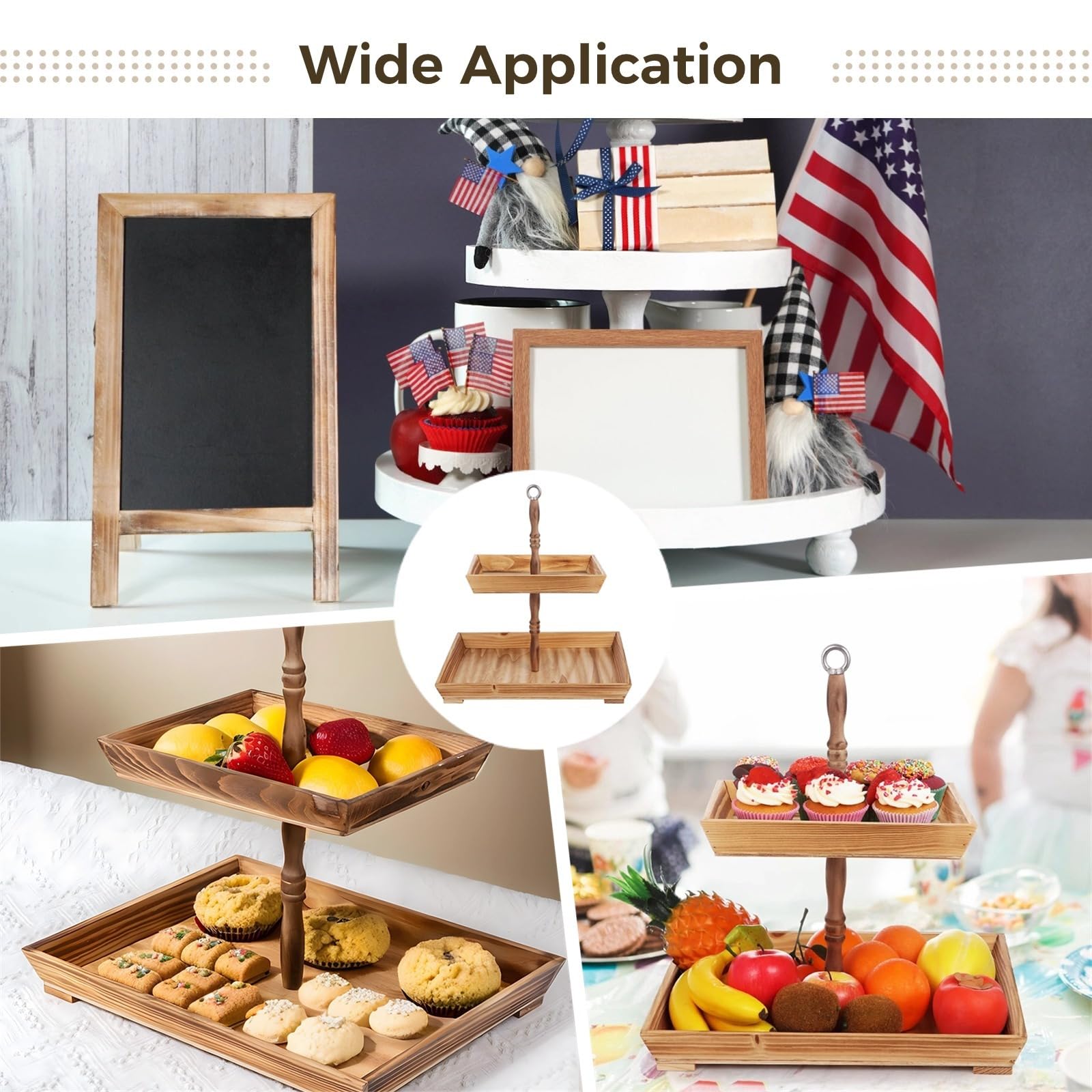 2-stöckige quadratische Servierplatte, rustikales Holztablett, Bauernhaus-Dessertständer mit Metallgriff, dekorative Servierplatte für Obst, Handwerk, Cupcakes