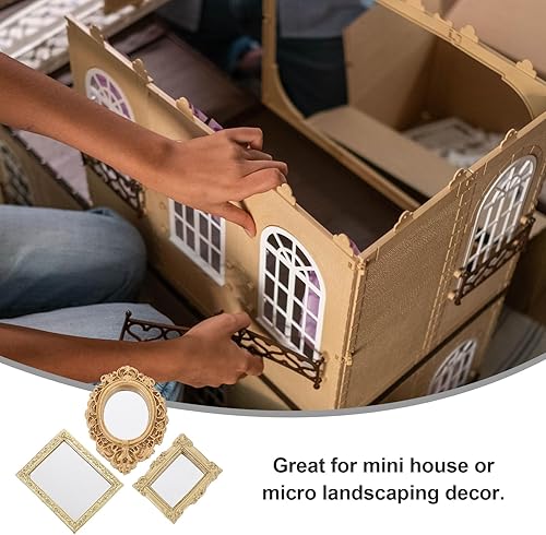 Miniatura 6 de NUOBESTY 3 espejos dorados en miniatura, espejos para casa de muñecas, espejos clásicos en relieve, espejo tallado antiguo, accesorios de decoración