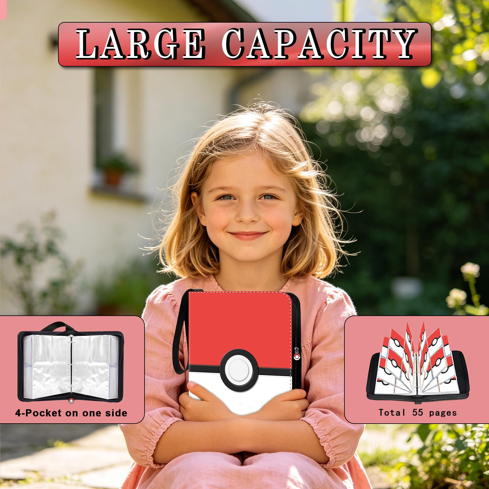 Classeur pour cartes 3D à 4 poches, album de cartes à collectionner pour 440 cartes à collectionner avec couverture gaufrée, classeur portable avec pochettes amovibles, porte-cartes à collectionner