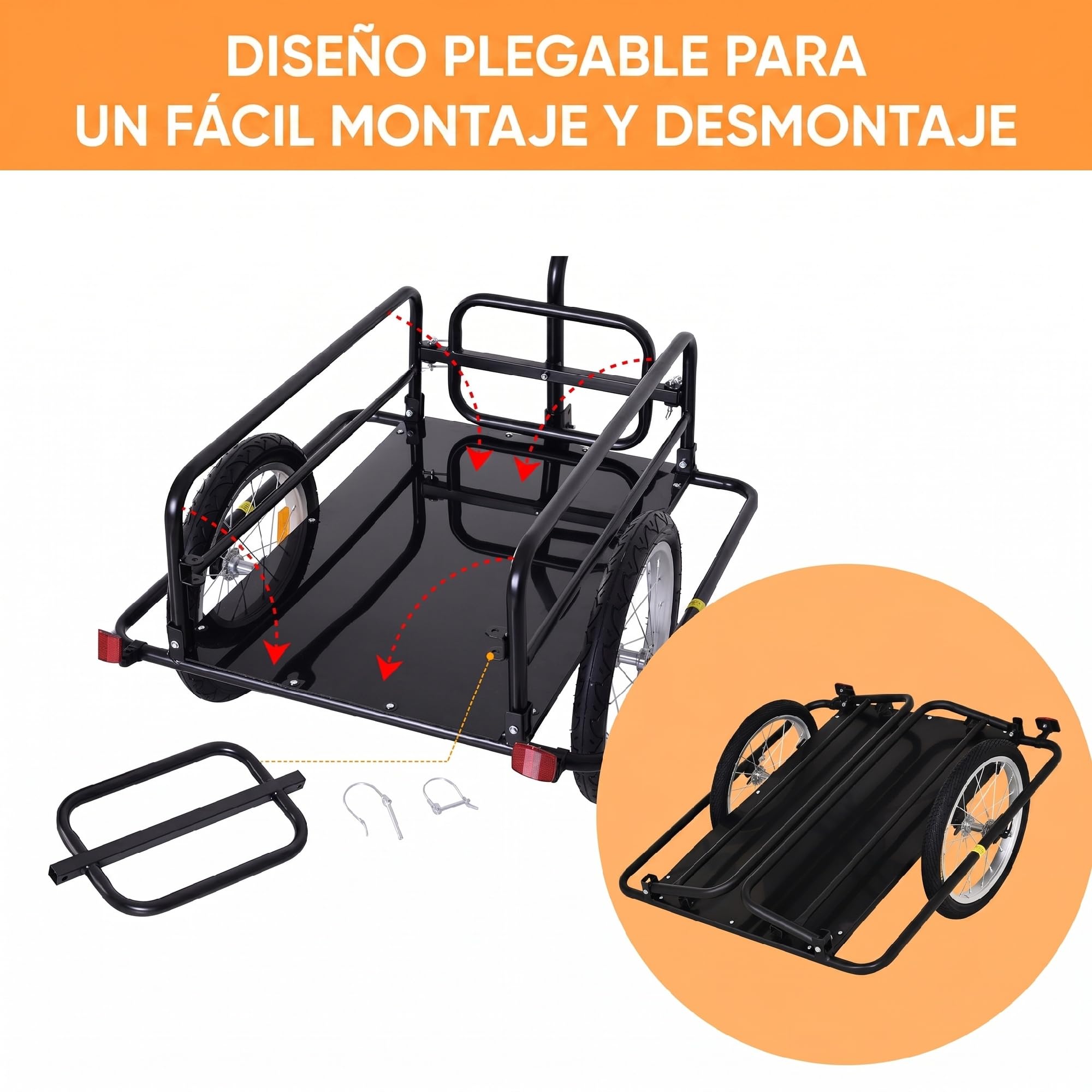 HOMCOM Remolque de Carga para Bicicleta Carro para Bicicleta Plegable con 2 Ruedas Reflectores Seguros Carga 40 kg 155x71,5x77 cm Negro