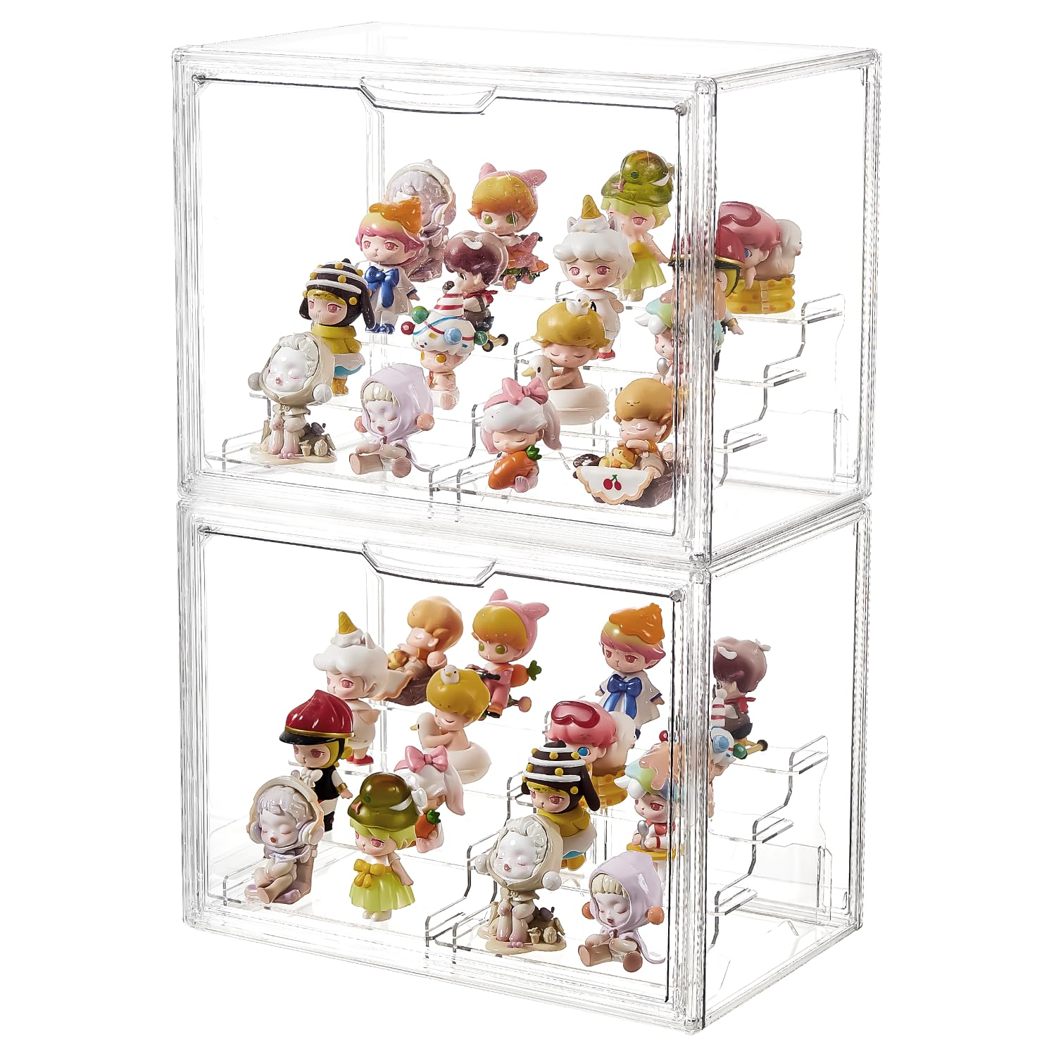 4 Tiers Clear Acrylic Display Case, Plastic Storage Bins with 2 Display Risers and Magnetic Door,Stackable Display Box for Figures Showcase (XLarge -4 Tier-2 Pack)