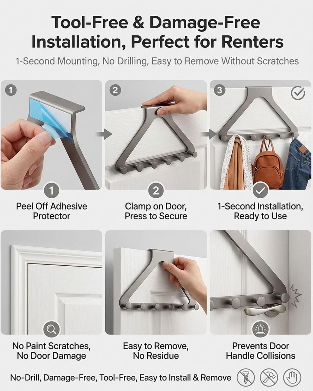 Organizador para colgar sobre la puerta, organizador sin taladrar para abrigos, sombreros, bufandas, toallas, ganchos detrás de las puertas para baño