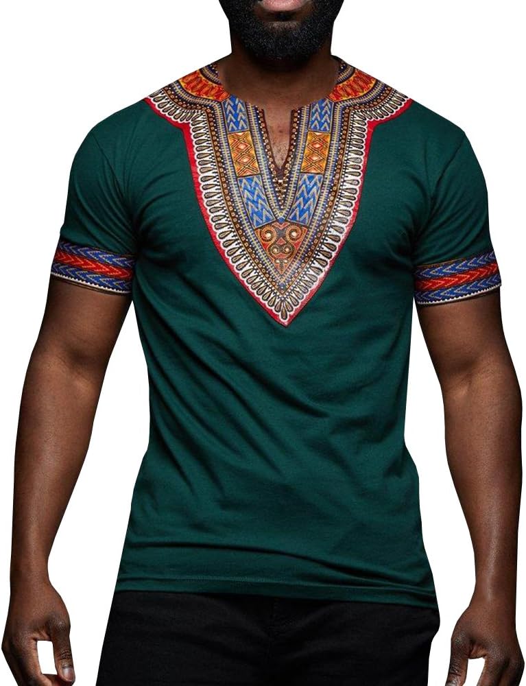 Gemijacka Mens African Print Dashiki Floral T-Shirt V Neck Tribal Short Sleeve Casual Graphic Tee Blouse Tops