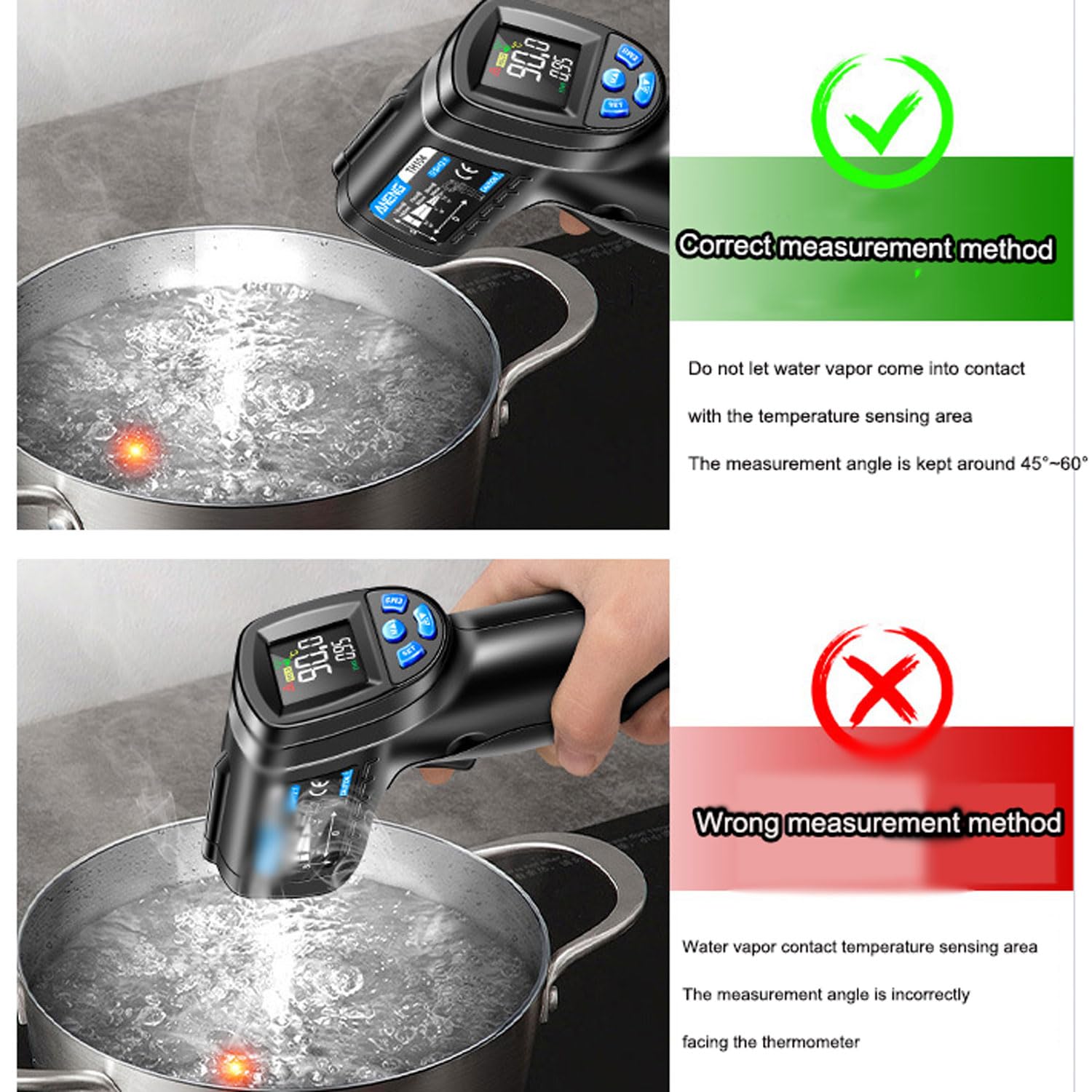 Sensor de termómetro, medidor de temperatura de calor portátil, la emisividad es ajustable y la emisividad se puede cambiar, aviso de batería baja y apagado automático en 20 segundos, para cocinar