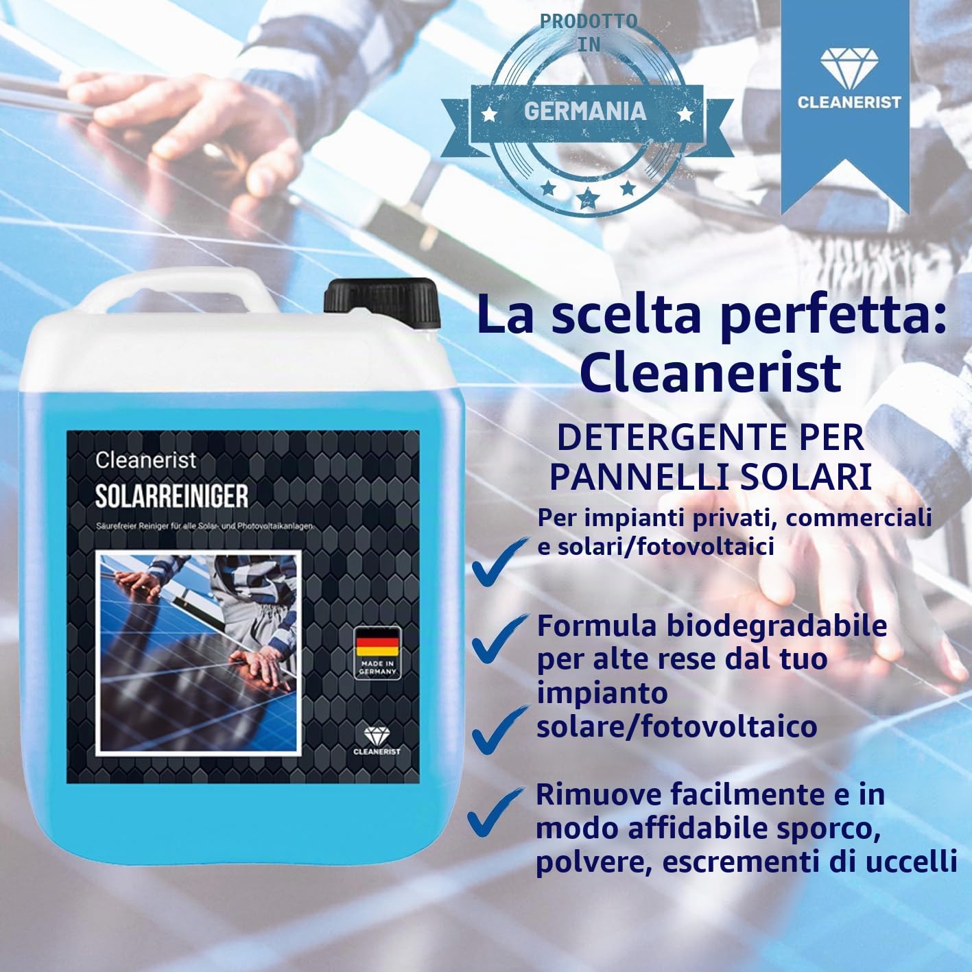Detergente concentrato per impianti solari AP24, 10 litri, diluibile fino a 1:50, con panno in microfibra + rubinetto di rientrante, pannelli solari