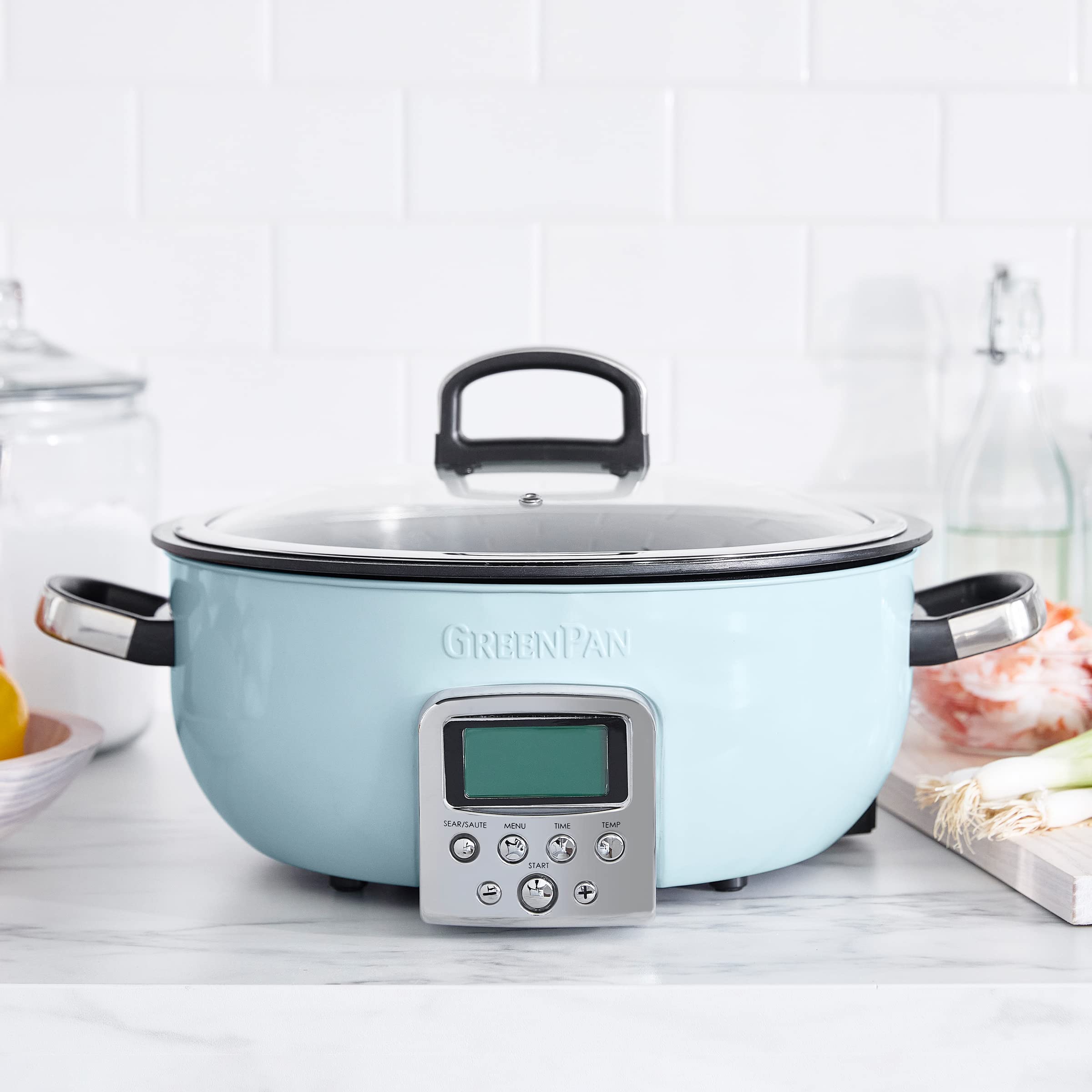 GreenPan Elite Multicooker Eléctrica 5.6L, Preajustes Saltear, Recubrimiento Cerámico Antiadherente Sin PFAS, Pantalla LED, Azul Haze