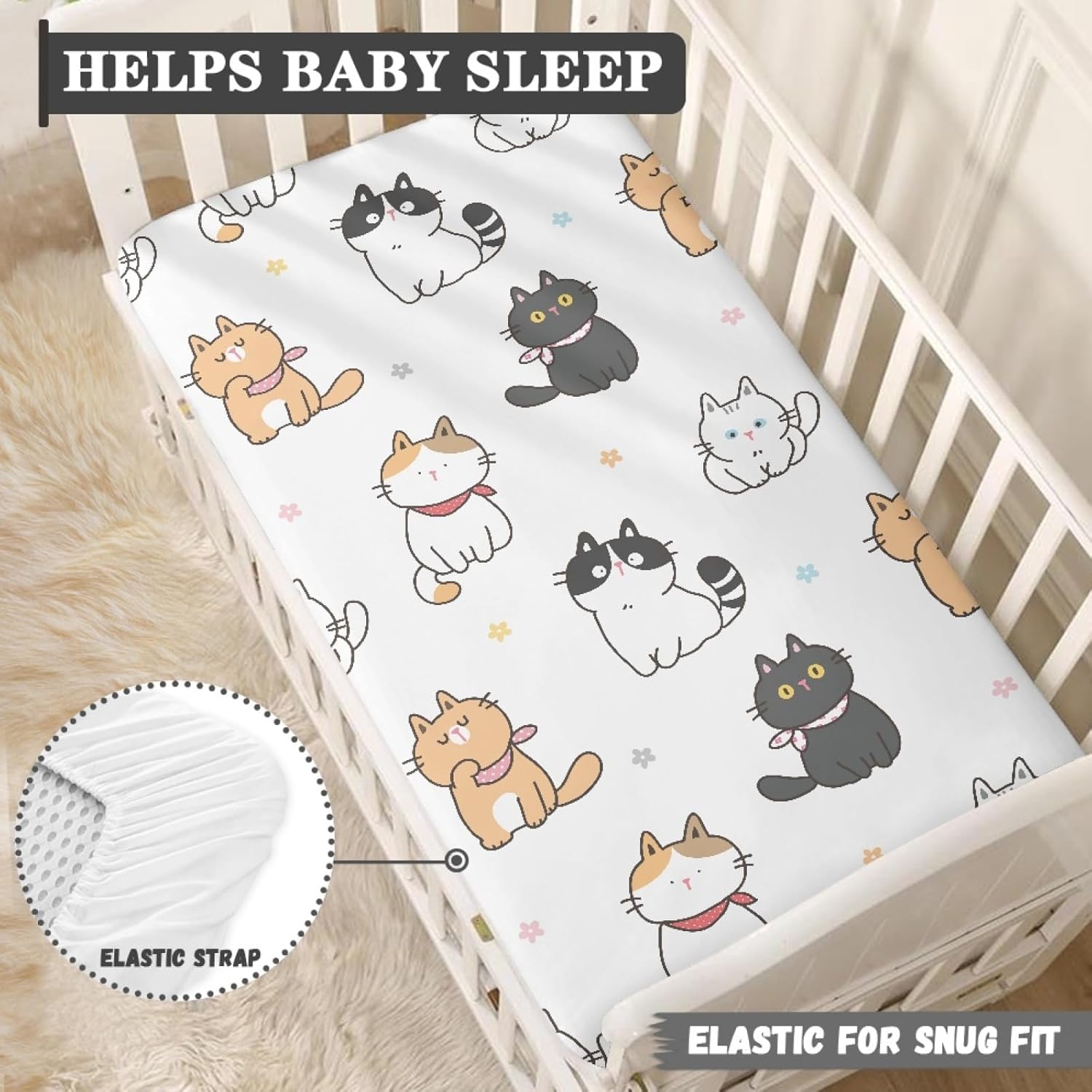 Cat Flower Fitted Crib Sheet Cartoon Cats Baby Crib Sheet Fit Standard Crib and Toddler Mattress,Crib Mattress Sheets for Boys Girls 28"x52"
