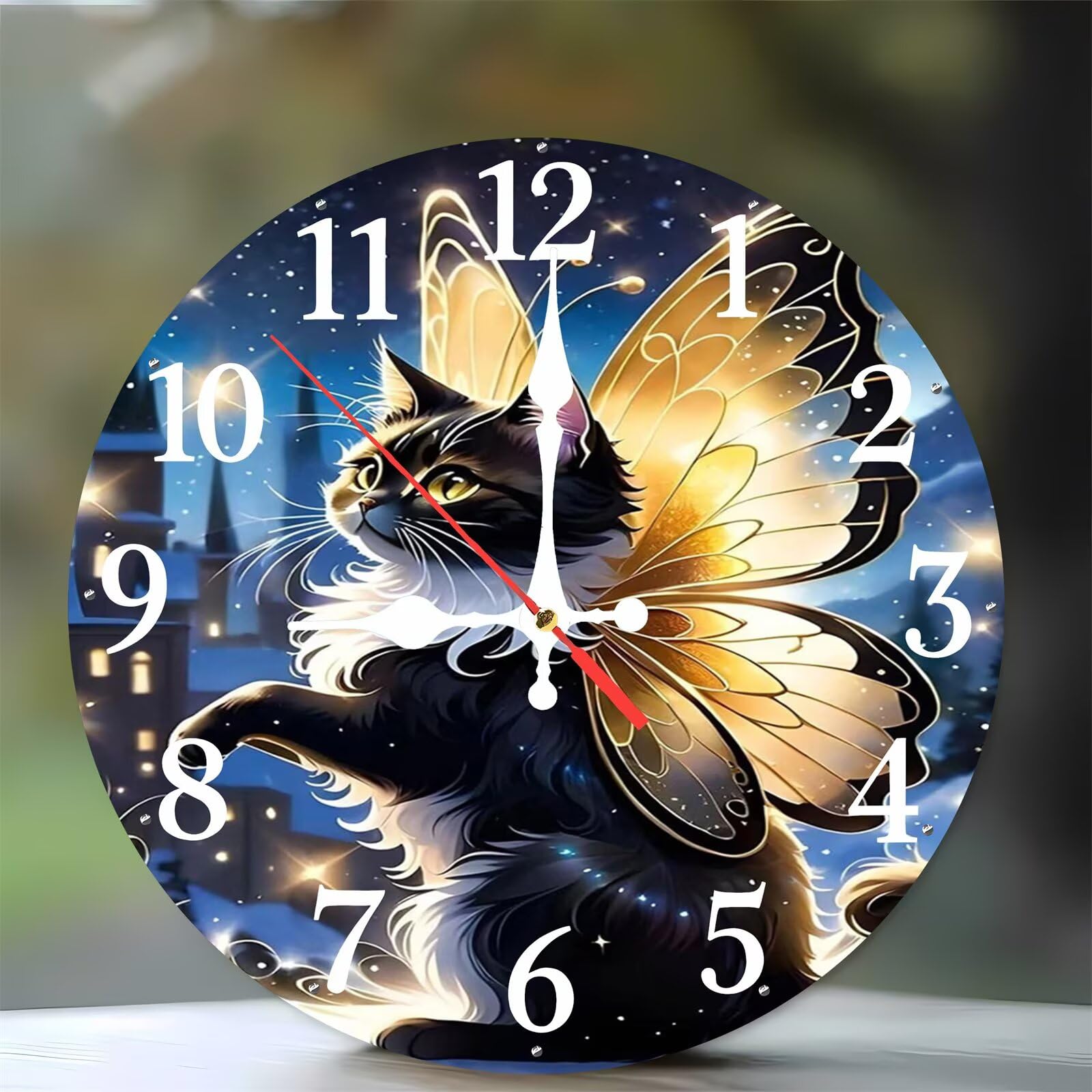 Horloge murale sans tic-tac pour chambre motif chat en bois
