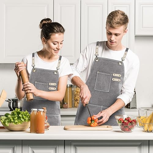 Miniatura 8 de Delantal de lona de algodón con espalda cruzada para pintura artística, jardín, chef, barman trabajo, mujeres y hombres, 3 bolsillos, impermeable,