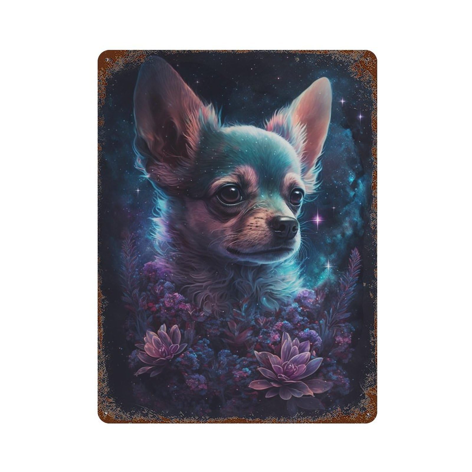 Rustic Tin Plaque Galactic Chihuahua with Flowers -6 15.7"x11.8", Retro Wall Decor for Shed, Workshop And Garage Wall Decor