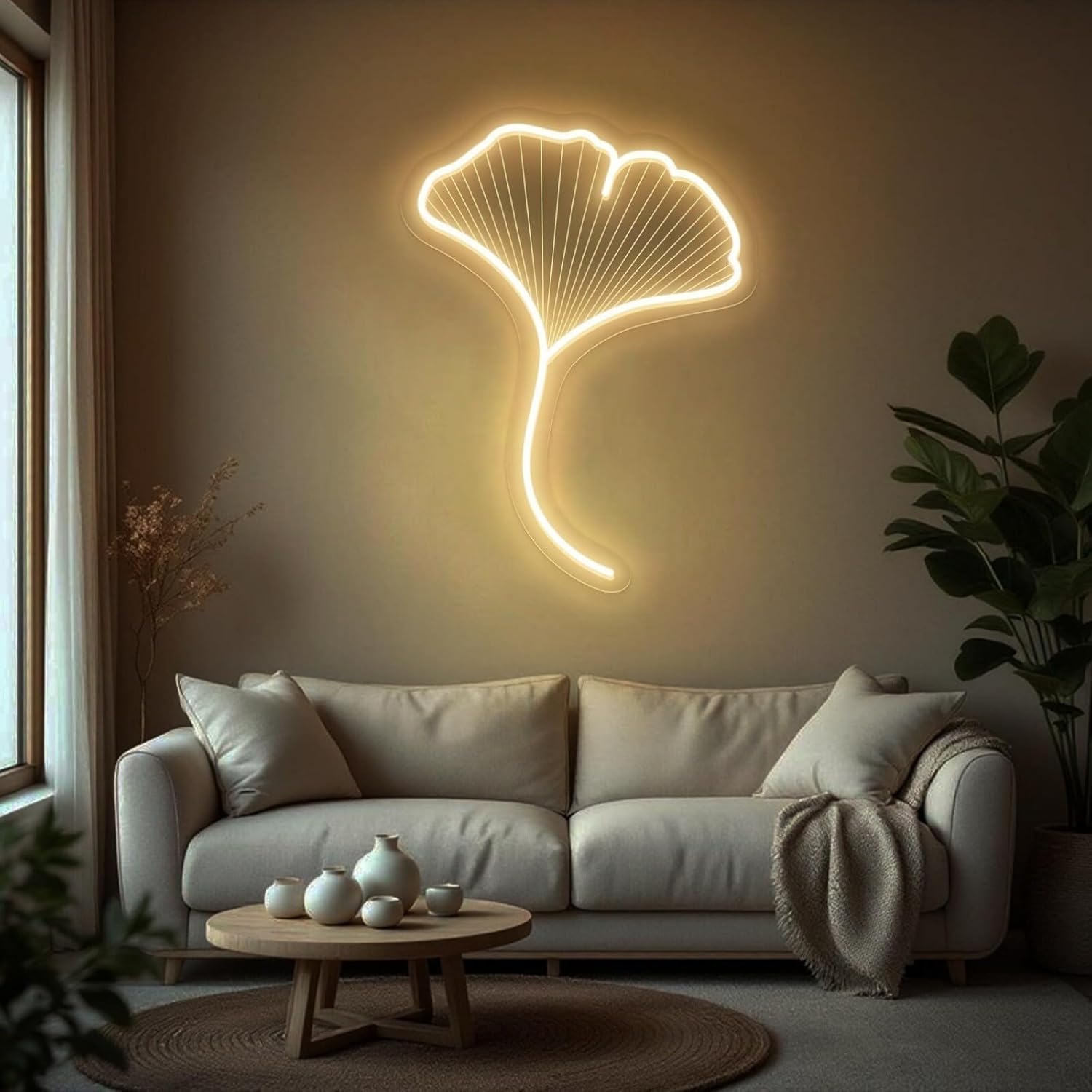 Ginkgo Leaf Neon Sign Japanese Culture LED Light, Dimmable USB-Powered with Adjustable Brightness, Easy to Hang, Elegant Neon Lights Wall Decor for Home, Japanese Restaurants, Yoga Studios & Wellness Spaces