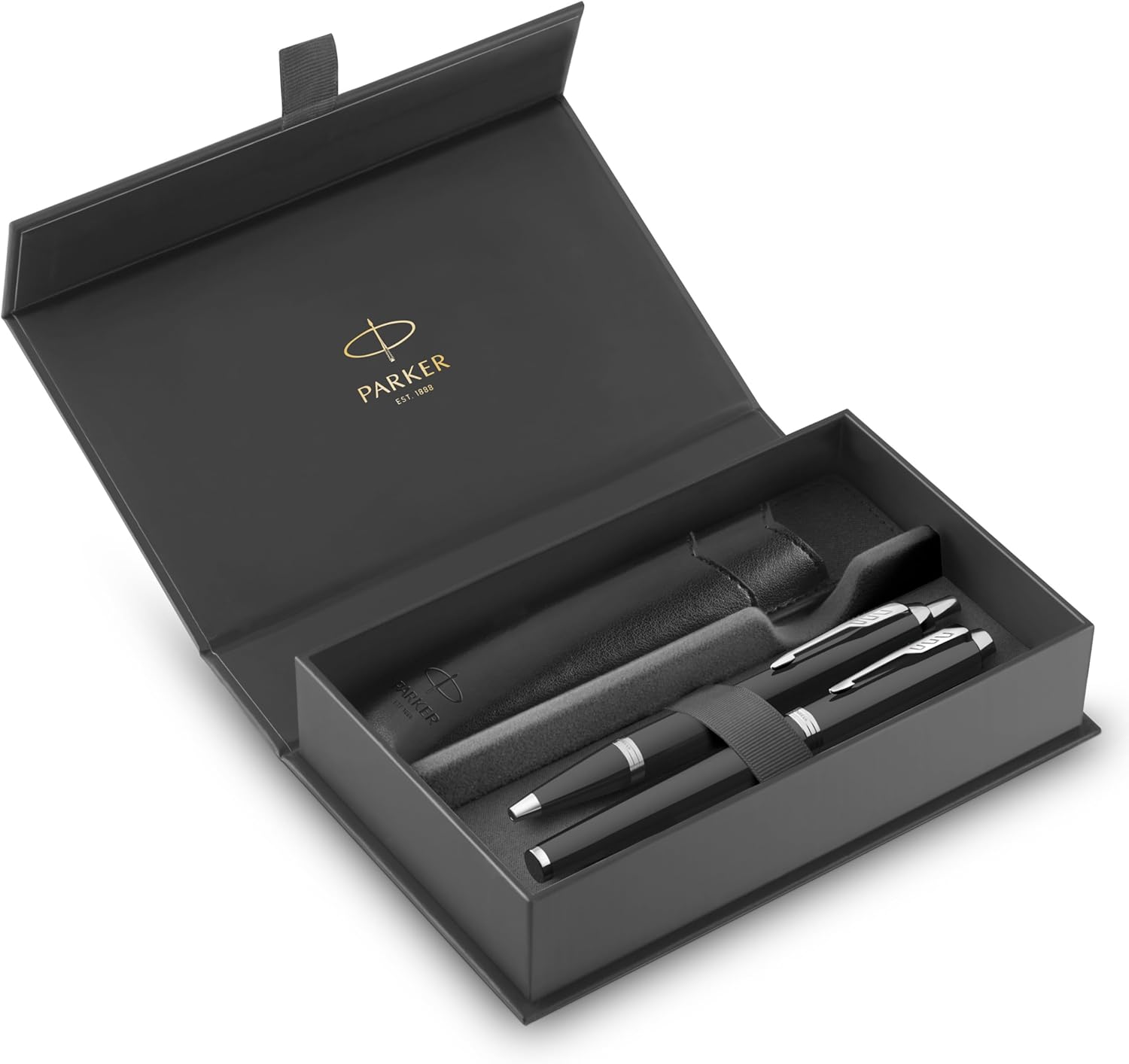 PARKER IM Duo Pen Set | Fountain Pen, Ballpoint Pen & Pen Pouch | Black Lacquer Finish with Chrome Trims | Medium Tip | Blue Ink Refills | Perfect Graduation Gifts