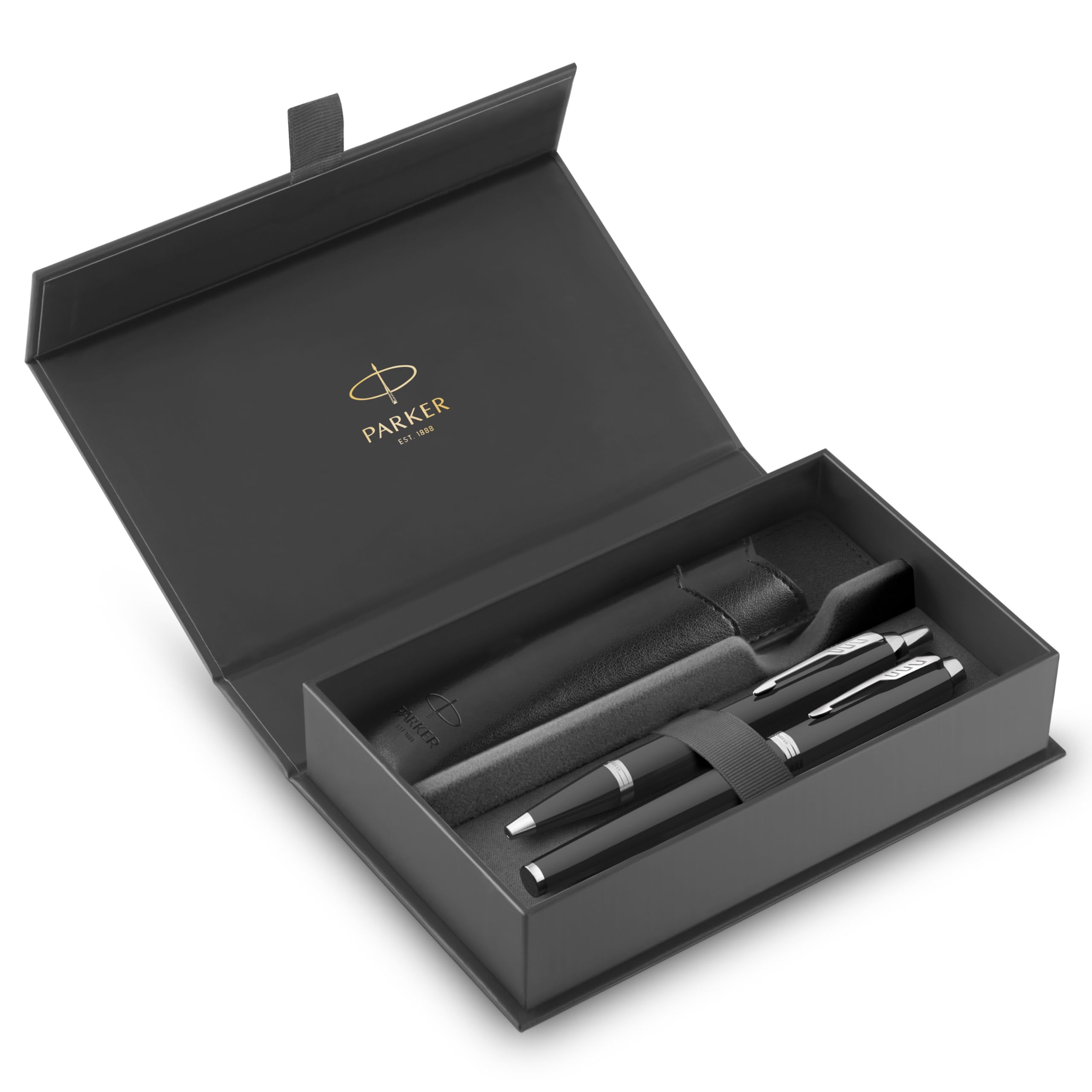 Parker IM Duo Pen Set Regalo | Penna stilograficapenna a sfera e astuccio per penna | Finitura laccata nera con finiture cromate | Punta media e inchiostro blu | Regali di laurea perfetti