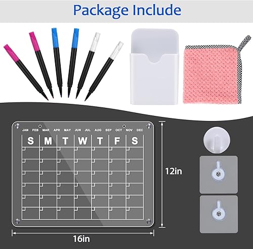 Miniatura 6 de MOOACE - Pizarra magnética acrílica de borrado en seco, calendario adhesivo para refrigerador y pared, incluye 6 marcadores magnéticos con 3