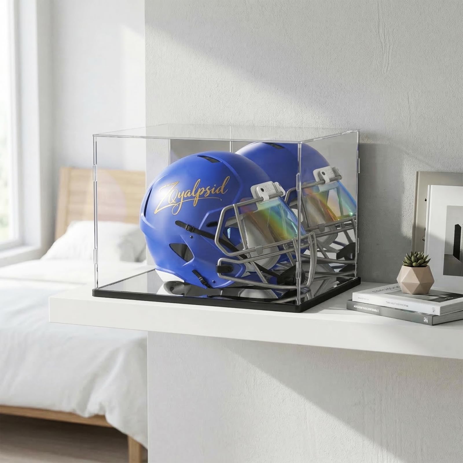 Vitrina acrílica para casco de fútbol, béisbol y motocicleta, caja de exhibición transparente con doble espejo y base negra, vitrina a prueba de polvo para coleccionables de tamaño completo (14.9