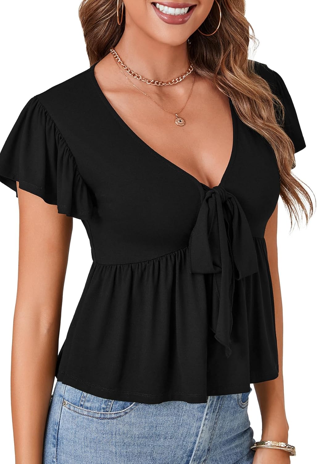 OPOIPIN Women's Deep V Neck Tie Knot Front Ruffle Hem Short Sleeve Blouse Peplum Top - Image 4