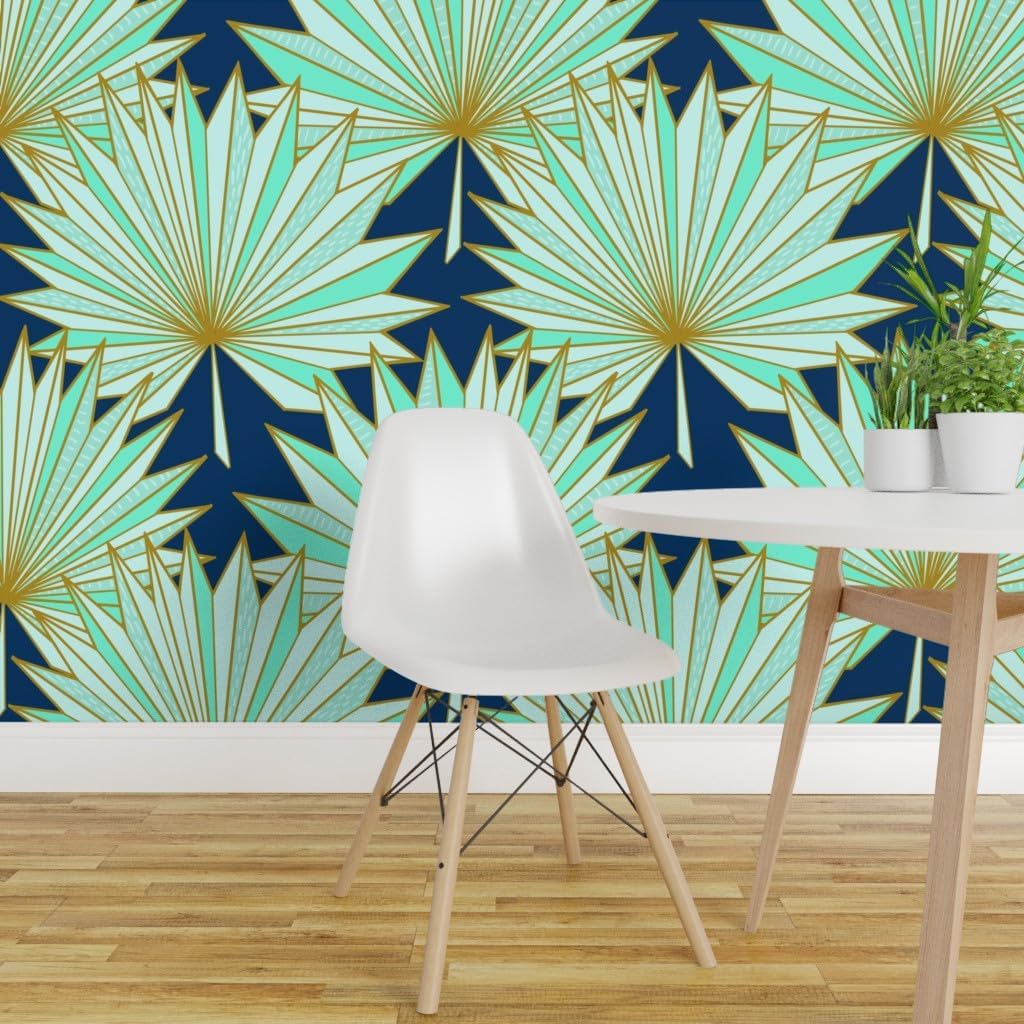 Removable Wallpaper 3ft x 2ft - Art Deco, Palm, Fan, Navy, Mint, Tropical, Geometric, Origami, Inspired, Gold, Blue, Modern, Beach, Custom Pre-Pasted Wallpaper by Spoonflower