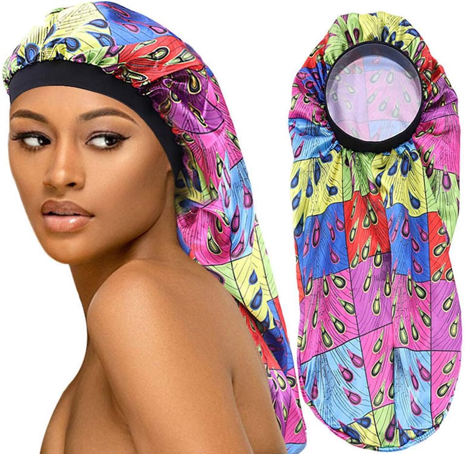 Extra Long Colorful Satin Bonnet Sleep Cap Long Bonnet for Braids Hair Loose Cap (Colorful Peacock)