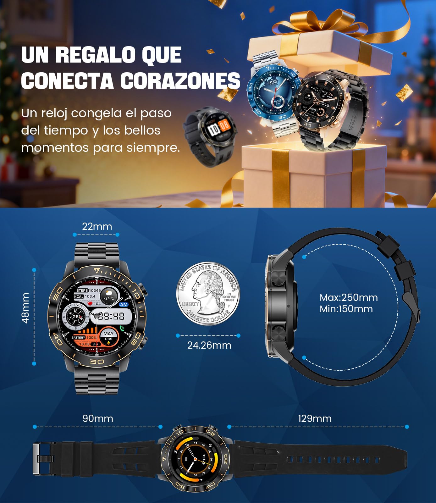 Reloj Inteligente Hombre Negocios Deportes con Llamadas, Smartwatch Hombre con 1,43'' Amoled/IP68 Impermeable/170+ Modos Deportivos/Pulsómetro/Sueño/Pulsera Actividad con iOS y Android, Negro