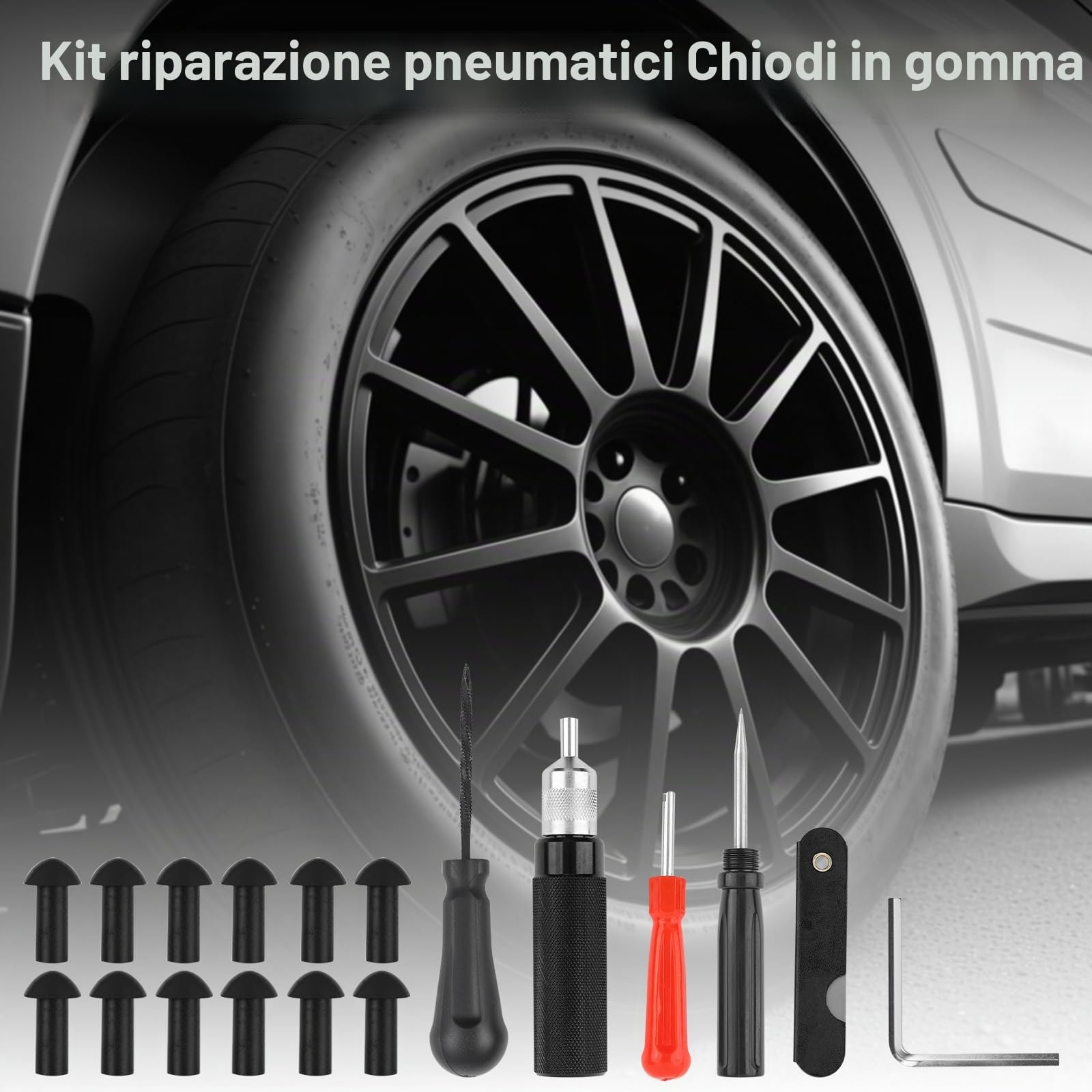 Riloer Set di strumenti plugger per riparazione pneumatici per auto e moto Kit di riparazione per ruote per pneumatici Ugello per sonda con presa a fungo