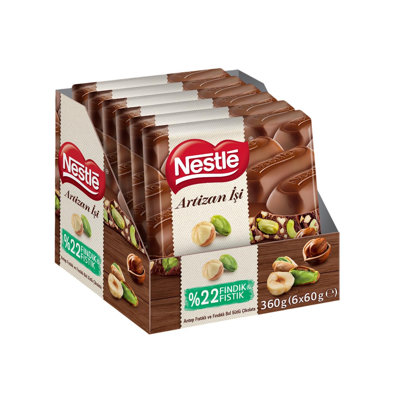 Nestlé Artizan İşi Antep Fıstıklı ve Fındıklı Bol Sütlü Çikolata 60 Gram x 6