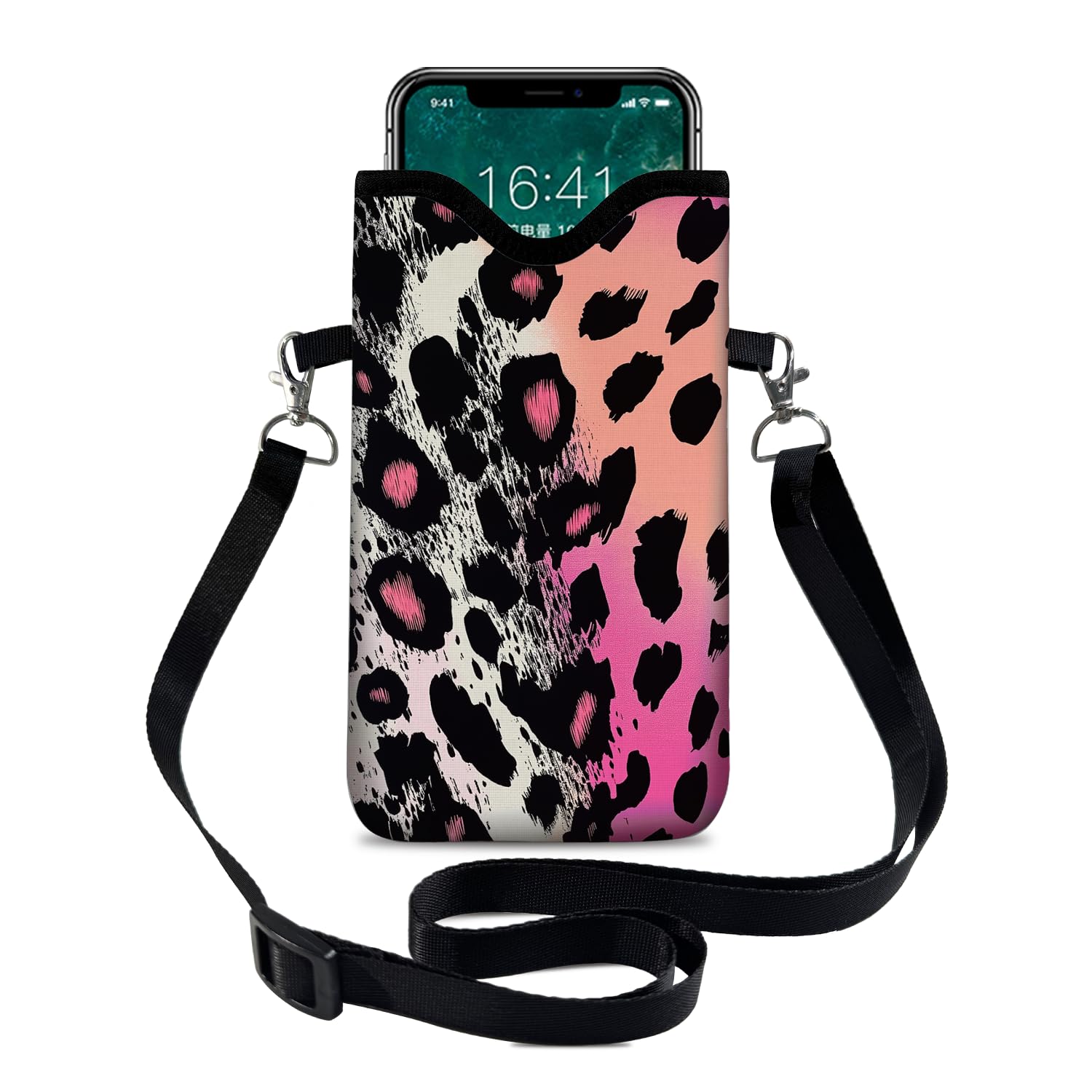 otilil Neoprene Cell Phone Sleeve Pouch Case Bag with Crossbody Strap Neck Lanyard for Women 7.1 X 3.9 in Pink Black