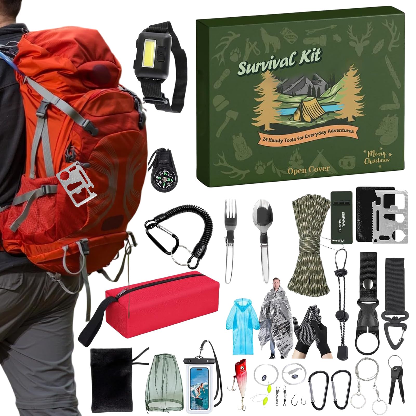 Survival Kit Advent | Adventskalender 24 Tage für Weihnachten | Überlebens-Gadgets für Wandern Camping Angeln Jagd | Männer Papa Outdoor Abenteuer