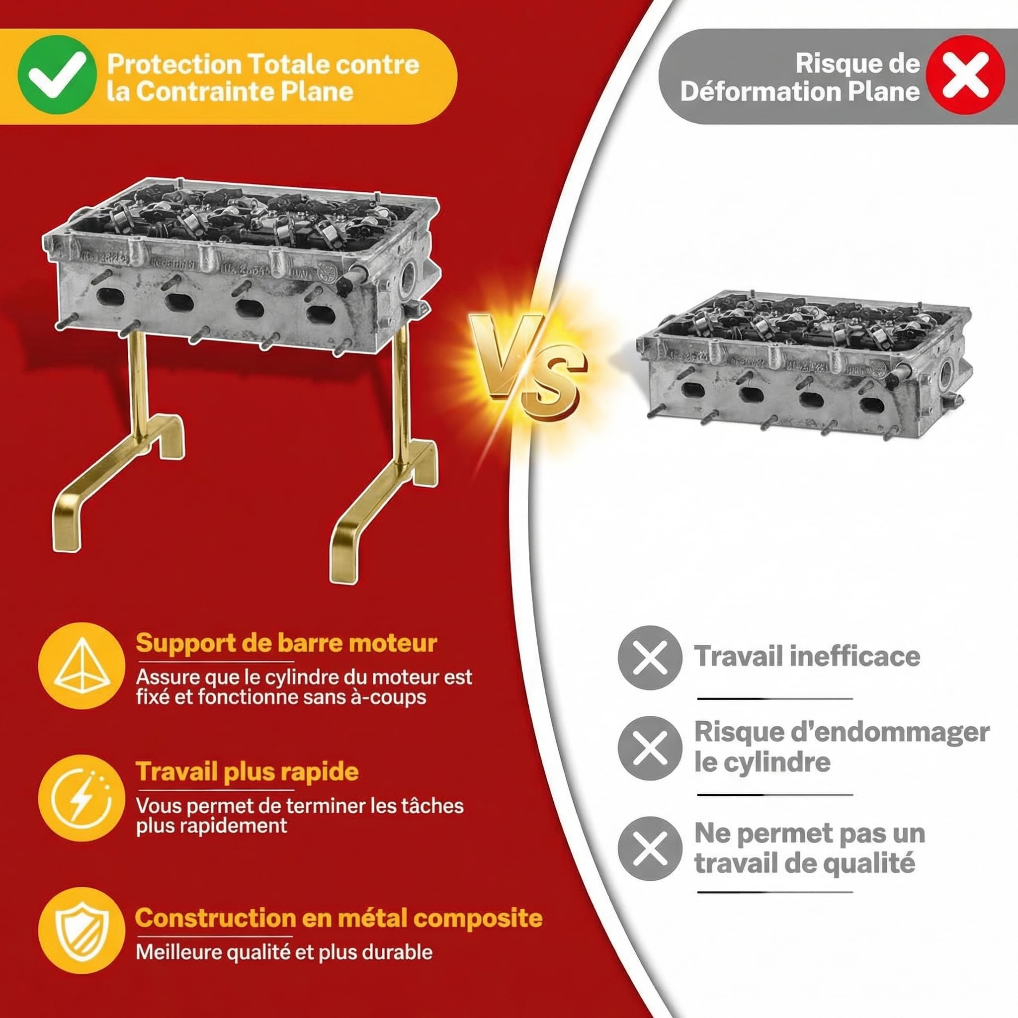 BILITOOLS Support de Culasse avec Pointes Coniques, Support de Culasse Universel en Acier Robuste pour Maintenance & Réparation Moteur