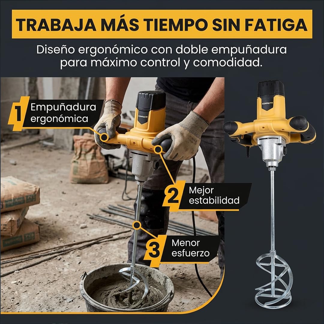 Kompak Mezcladora Eléctrica 1600W Profesional para Mortero y Cemento - Mezcladora de Obra Potente con Velocidad Variable Uso Intensivo - Batidora de Materiales Robusta y Ergonómica