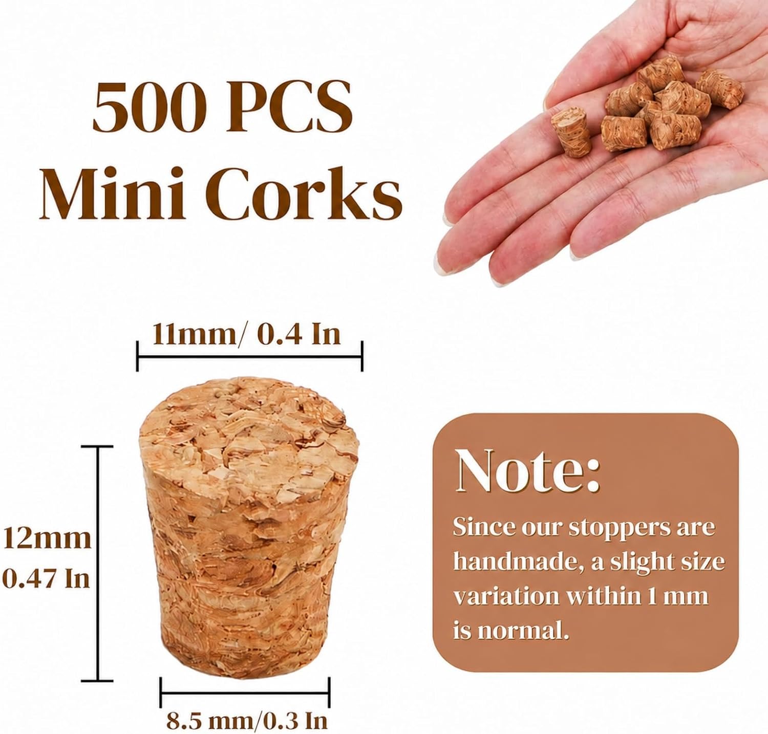 Eorbow 500 Packs Small Cork Stoppers, Mini Tapered Bottle Plugs, Reusable Glass Bottle Tops for DIY Craft Projects Replacement (0.4 x 0.3 Inches)