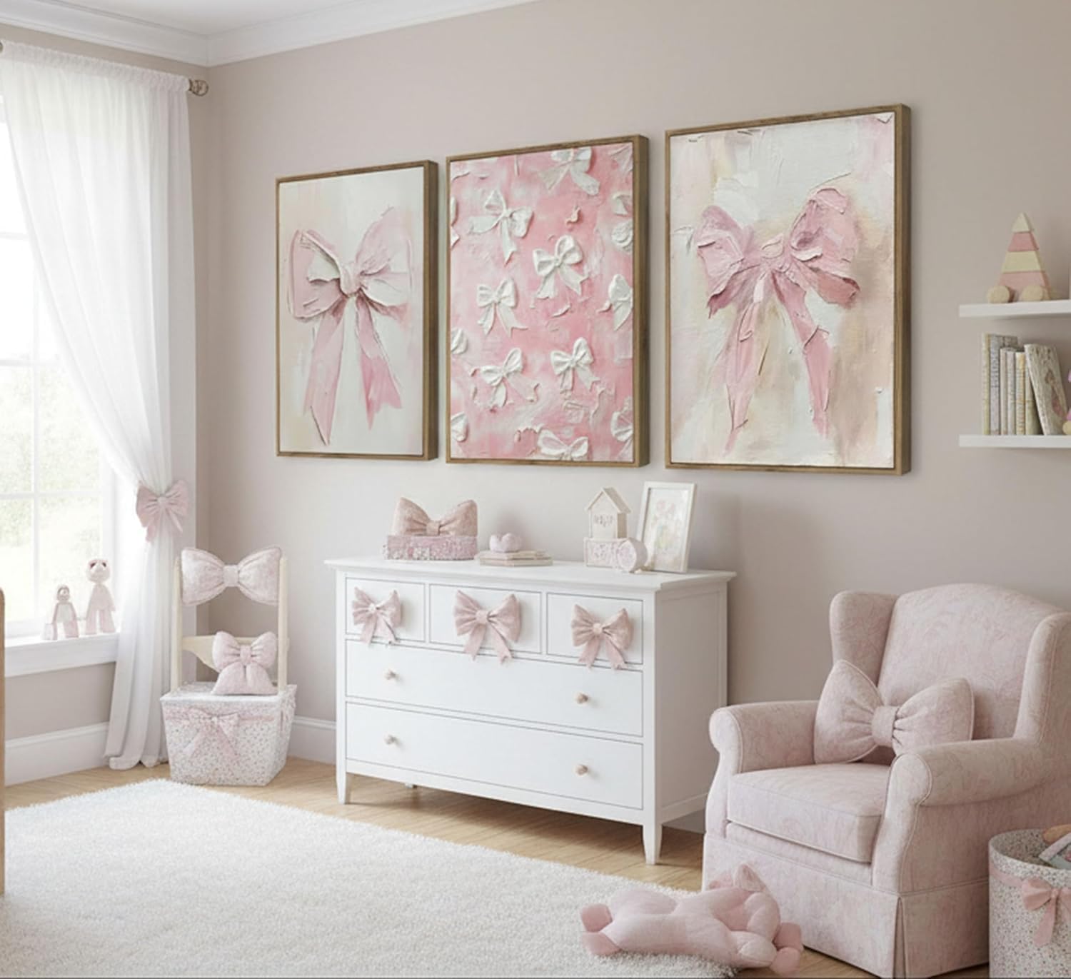 Framed 3D Textured 3Pcs Trendy Pink Bow Canvas Wall Art Vintage Cute Preppy Watercolor Bow Painting Pictures Wall Decor Posters Prints Girly Aesthetic for College Apartment Bedroom Decoration