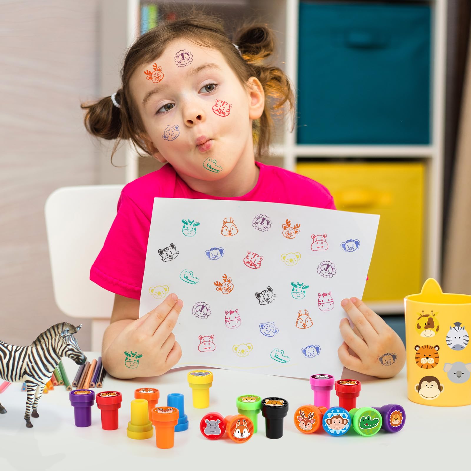 Hxezoc 24 Stück Safari-Dschungel-Tierdruck-Stempel, Mini-Stempel, bunt, selbstfärbend, Partyzubehör, sortiert, Stempel-Set für Klassenzimmer, Party, pädagogische Lernaktivitäten