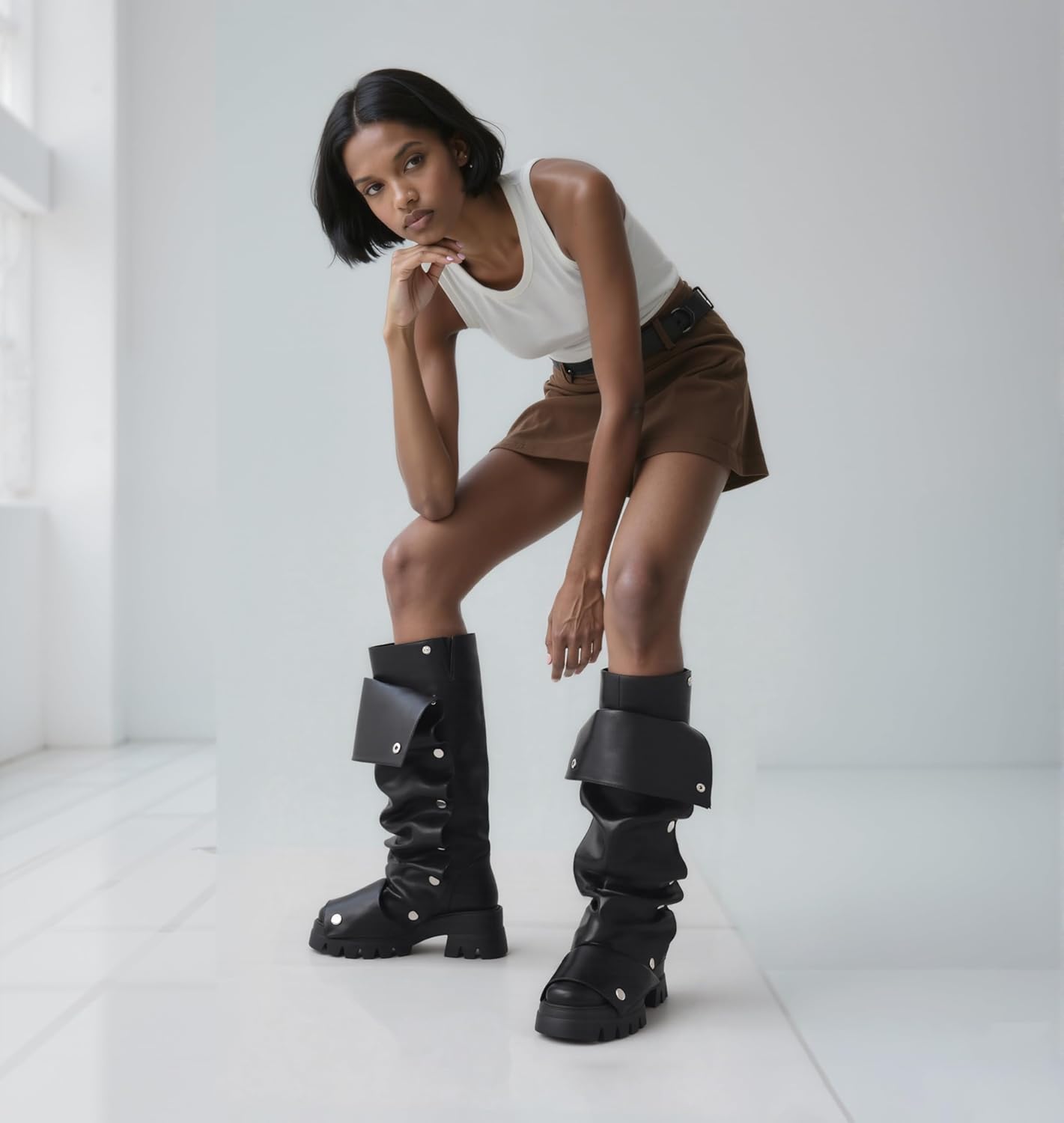 femflame Platform Boots Fold Over Knee High Boots Slouchy Ruched Stacked Heel Round Toe Boot Pull On Leather Wide Calf Tall Fall Long Boot - Image 2