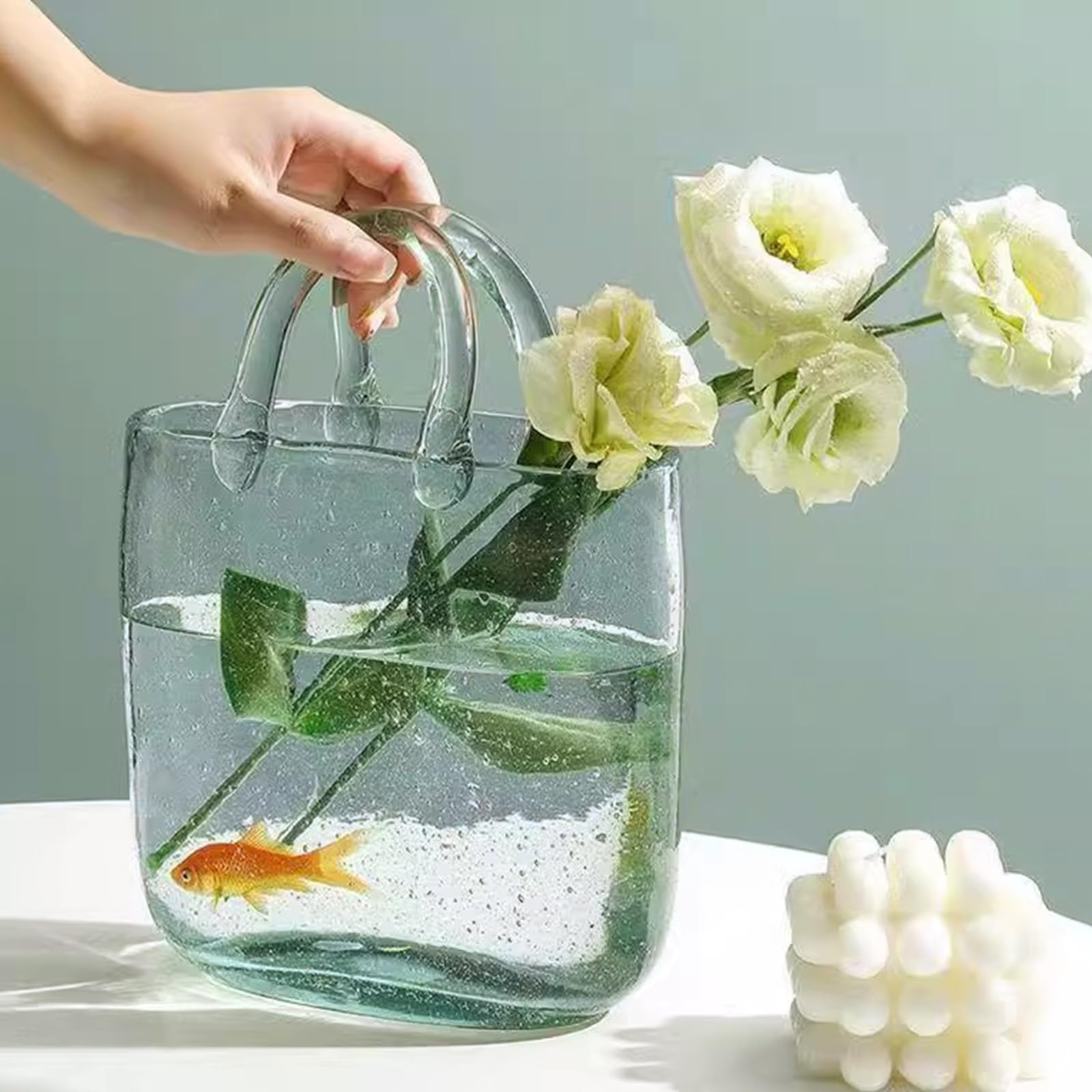 Duscdesp Glazen Vaas Handtas Groot, Heldere Vazen Kleurrijke Handgemaakte Bloemenvaas, Decoratieve Glazen Vaas Grote Vaas Esthetisch, Tas Glazen Vazen met Handvat voor Bloemen met Lange Stam, Fruit