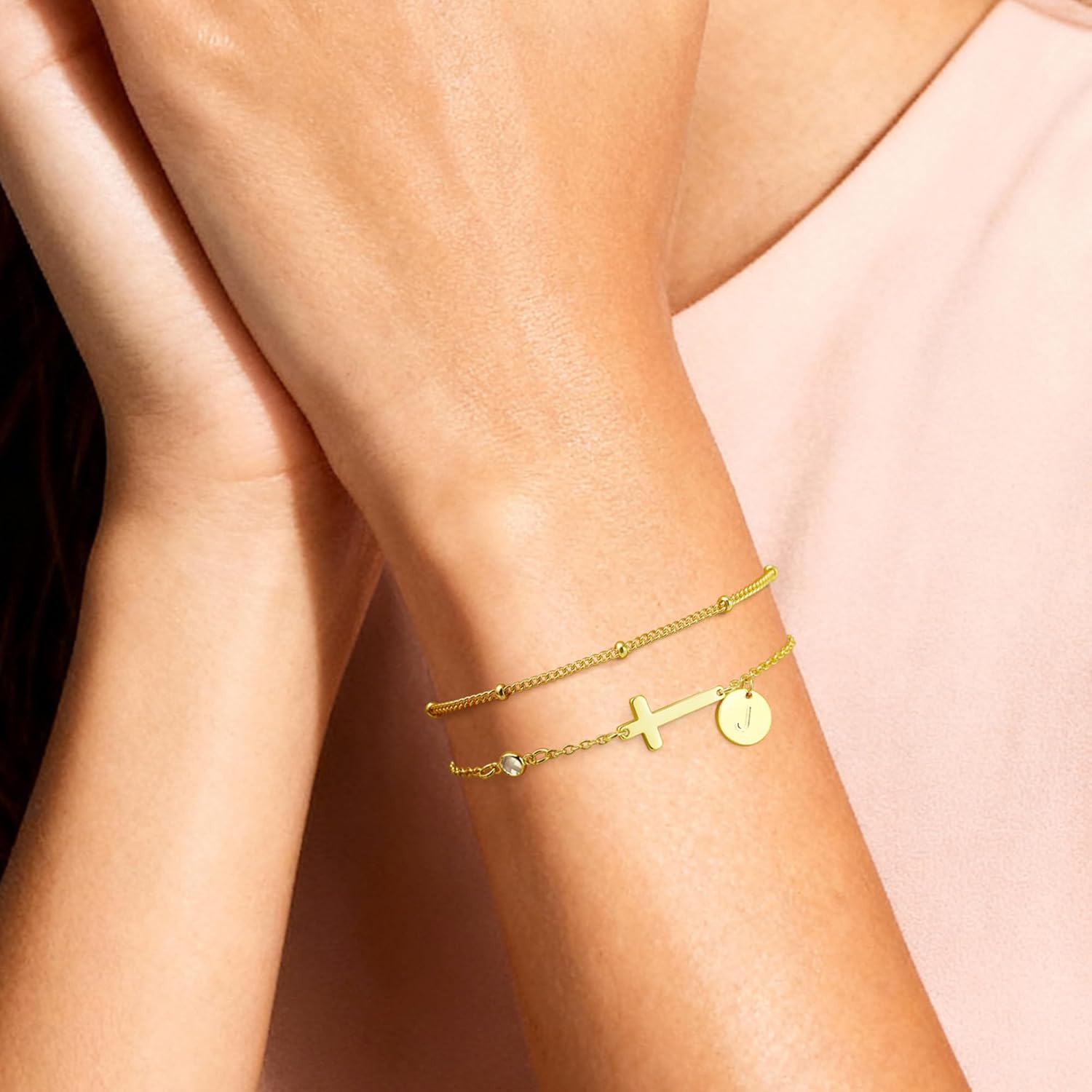 Ritach Cross Bracelets for Women Dainty Gold Plated Letter Initial Cross Bracelets for Women Trendy Personalized Letter Bracelet Birthday Gifts for Her - Image 2