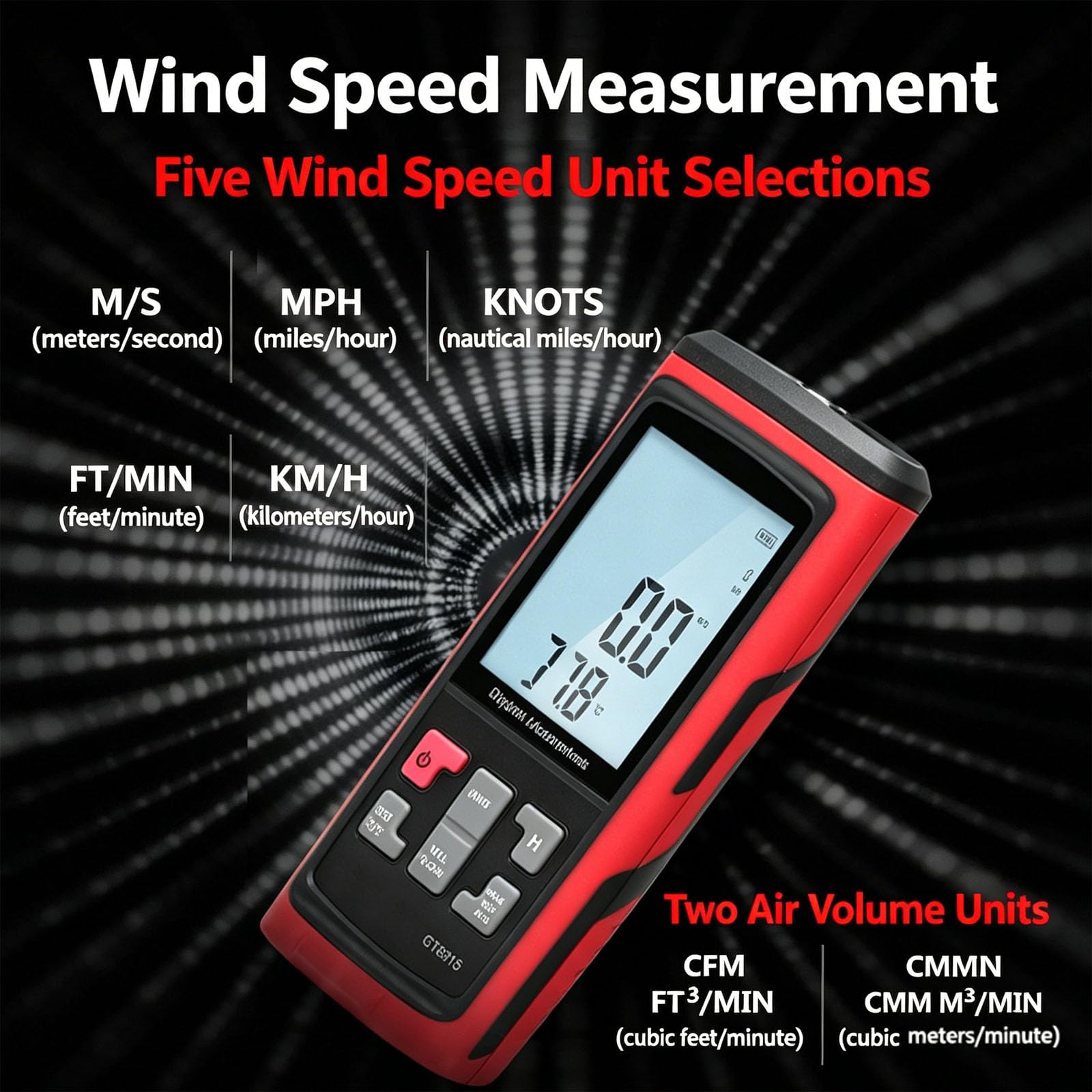 Anemómetro digital, medidor de velocidad del viento de mano con pantalla LCD retroiluminada, rango de 0.3-45m/s, modo máximo/min/promedio, sonda retráctil, para HVAC, industrial