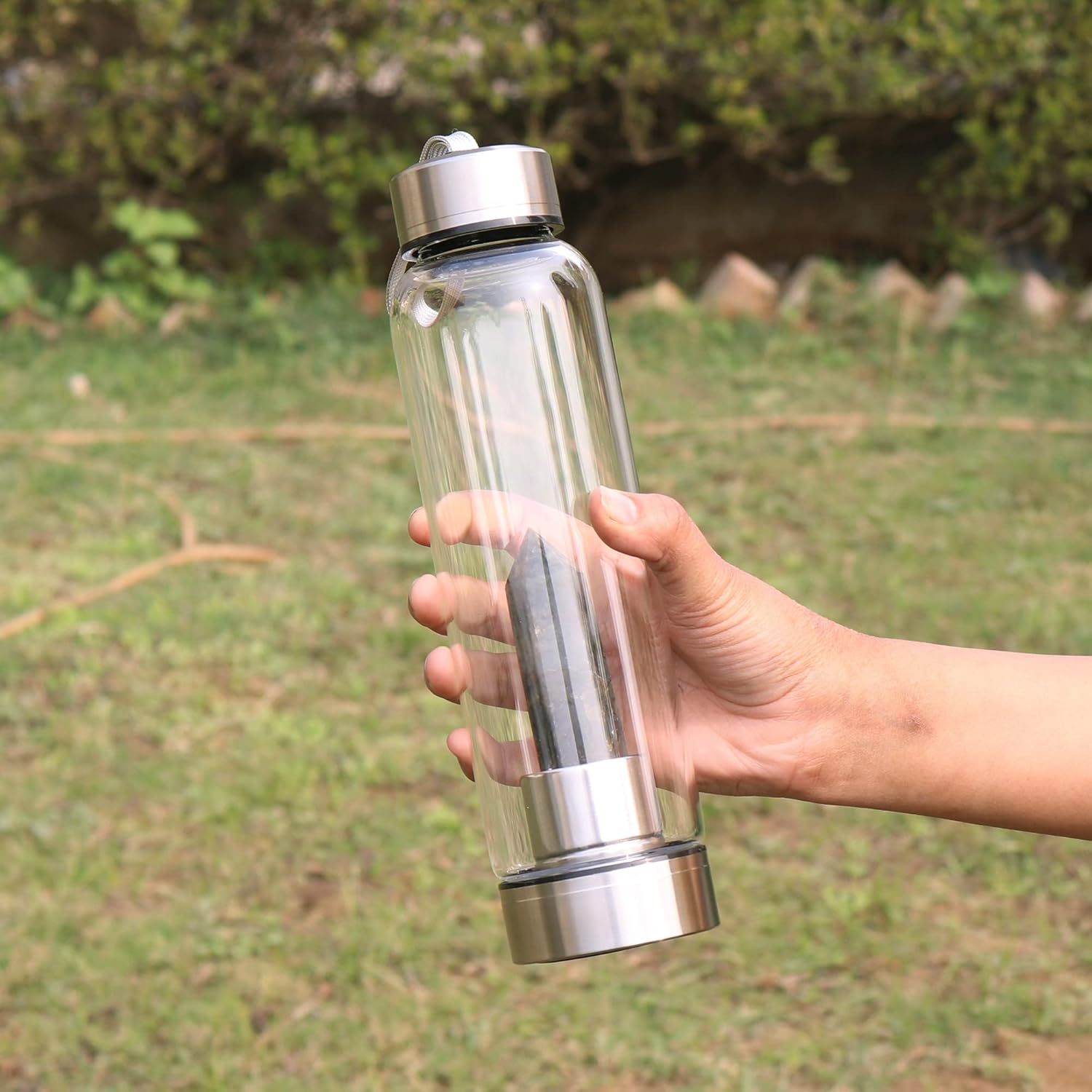 GEMHUB Crystal Glass Water Bottle Water Bottle with Gemstone Center Crystal Natural Crystal Point Healing Labradorite Wand…