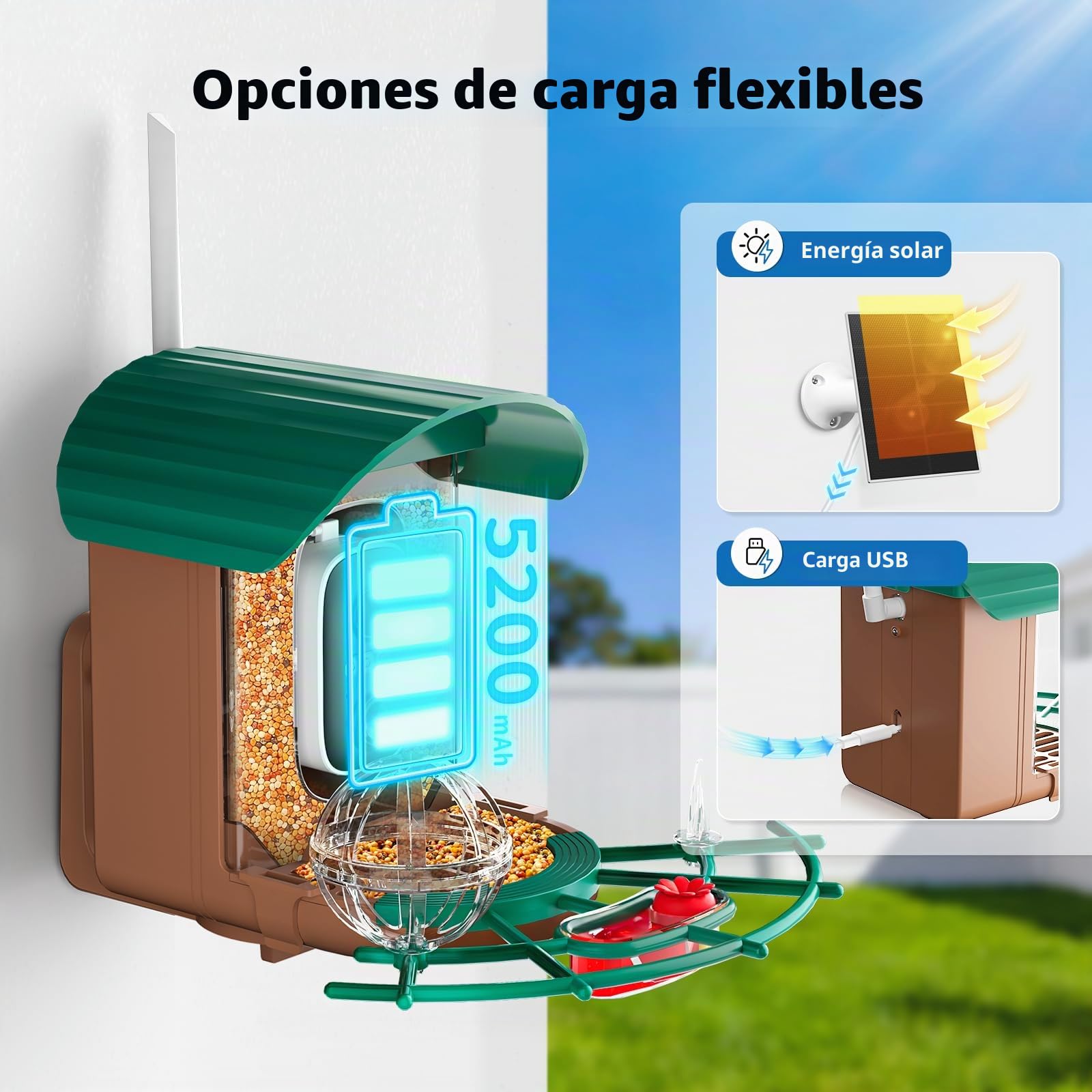 NIORSUN Comedero para pájaros con cámara 2K HD, funciona con energía solar, detección de aves AI, visión nocturna a todo color, notificación instantánea y grabación automática de vídeos de pájaros