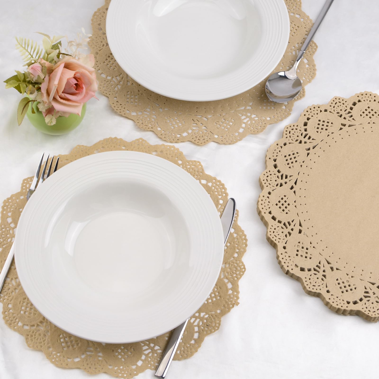 Lot de 100 napperons Ronds en Papier Kraft Marron jetables pour décoration de Table, fête, Mariage, 29 cm