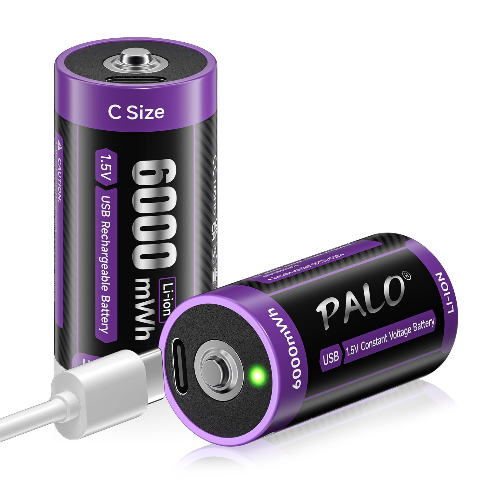 Pile LR14 Rechargeable USB-C 1.5V 6000Mwh Lithium C Battery R14 Type C à Charge Rapide 1,5V avec Câble de Charge, Faible Autodécharge, avec Voyant de Charge, 1500+ Cycles, 2 Pièces