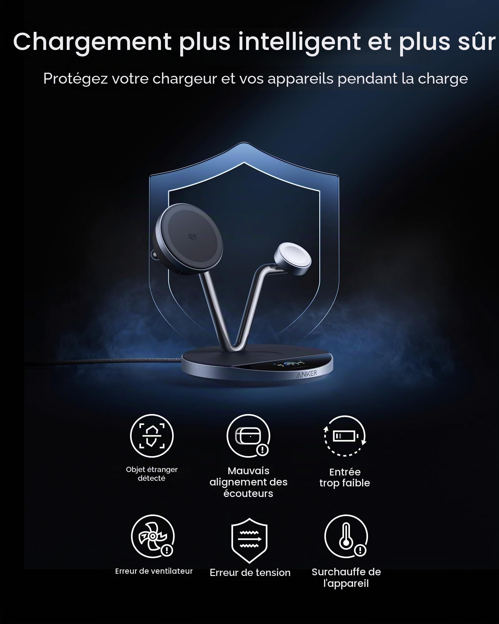 Anker Station de Charge 3 en 1 Compatible avec Prime MagSafe, Station de Charge sans Fil Qi2 25 W, écran Intelligent avec Refroidissement Actif TEC, pour iPhone 17, Apple Watch, AirPods, et Plus