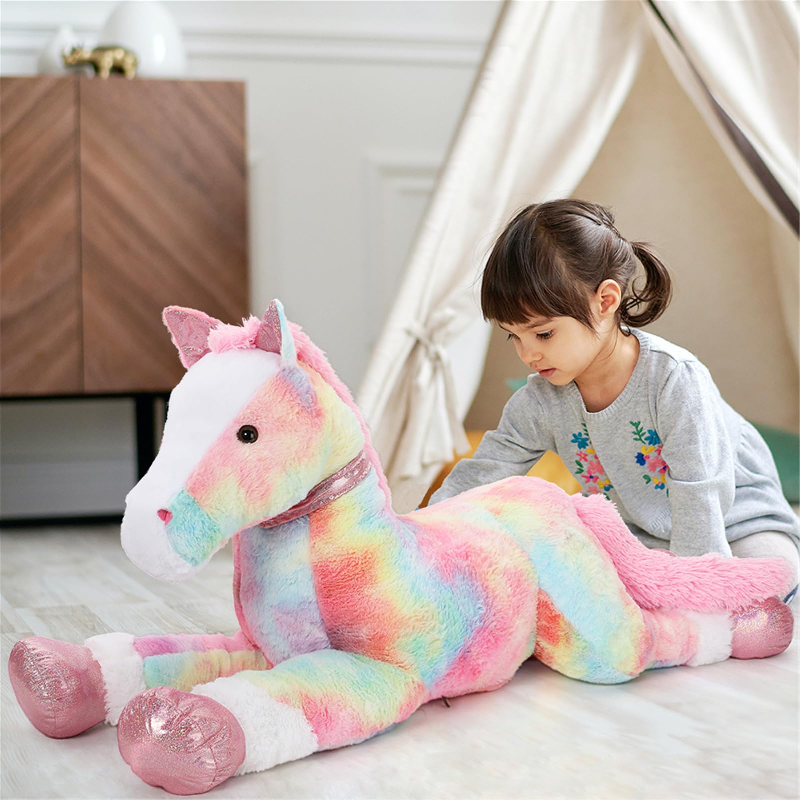 KERTA 47 Inch Large Horse Stuffed Animal Toy, 4ft Tie-Dye Pink Horse Pony Plush Toy, Hugging Soft Horse Plush Pillow for Kids Adult 4