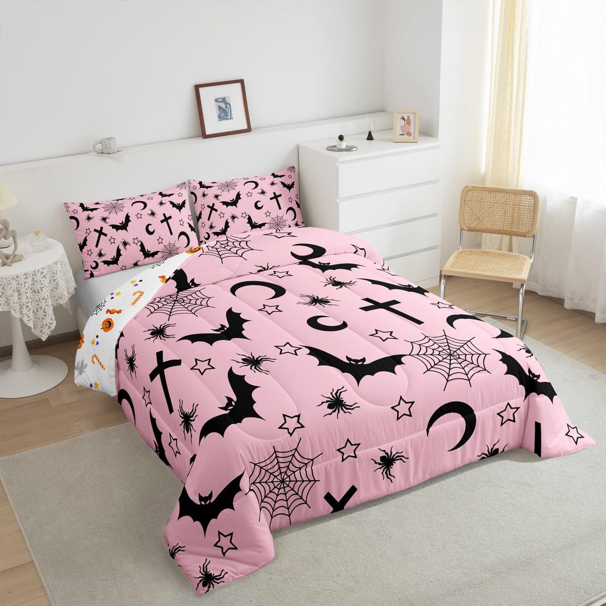 Erosebridal Bats Halloween Decoration Spider Web Bedding Set Black Bat Queen Comforter Set,Galaxy Stars Moon Silhouette Quilt Tombstones Halloween Decor,Spiderwebs Halloween Decorations,Black Pink