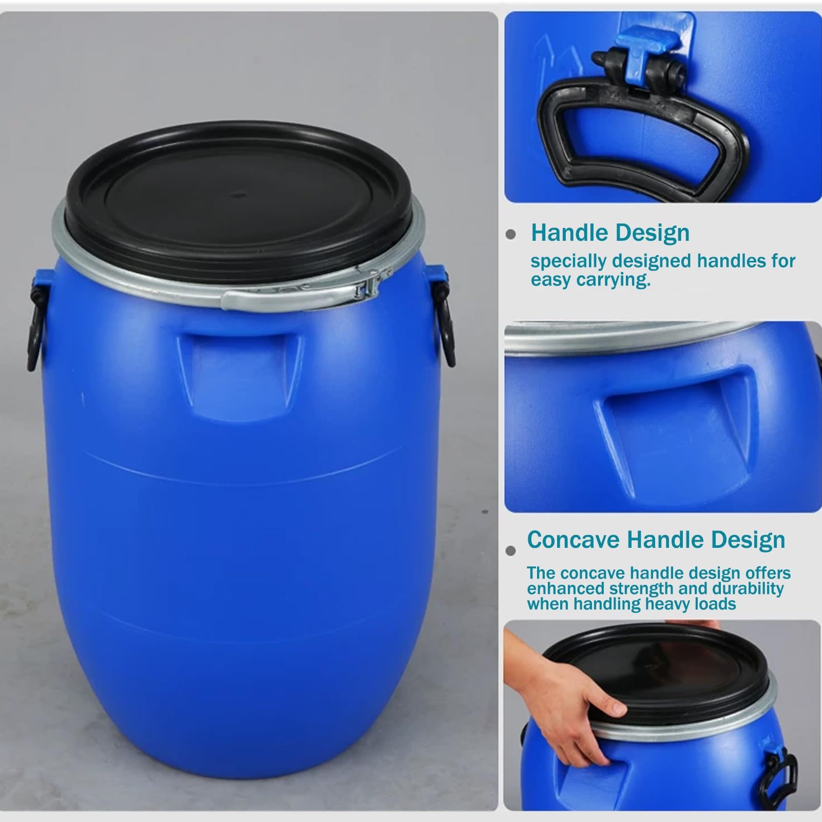 Tonneau plastique avec couvercle, anneau de loquet de fût ouvert bleu, reservoir eau polyvalent, Tambour de pluie conception hermétique for l'expédition de stockage industriel(30L)