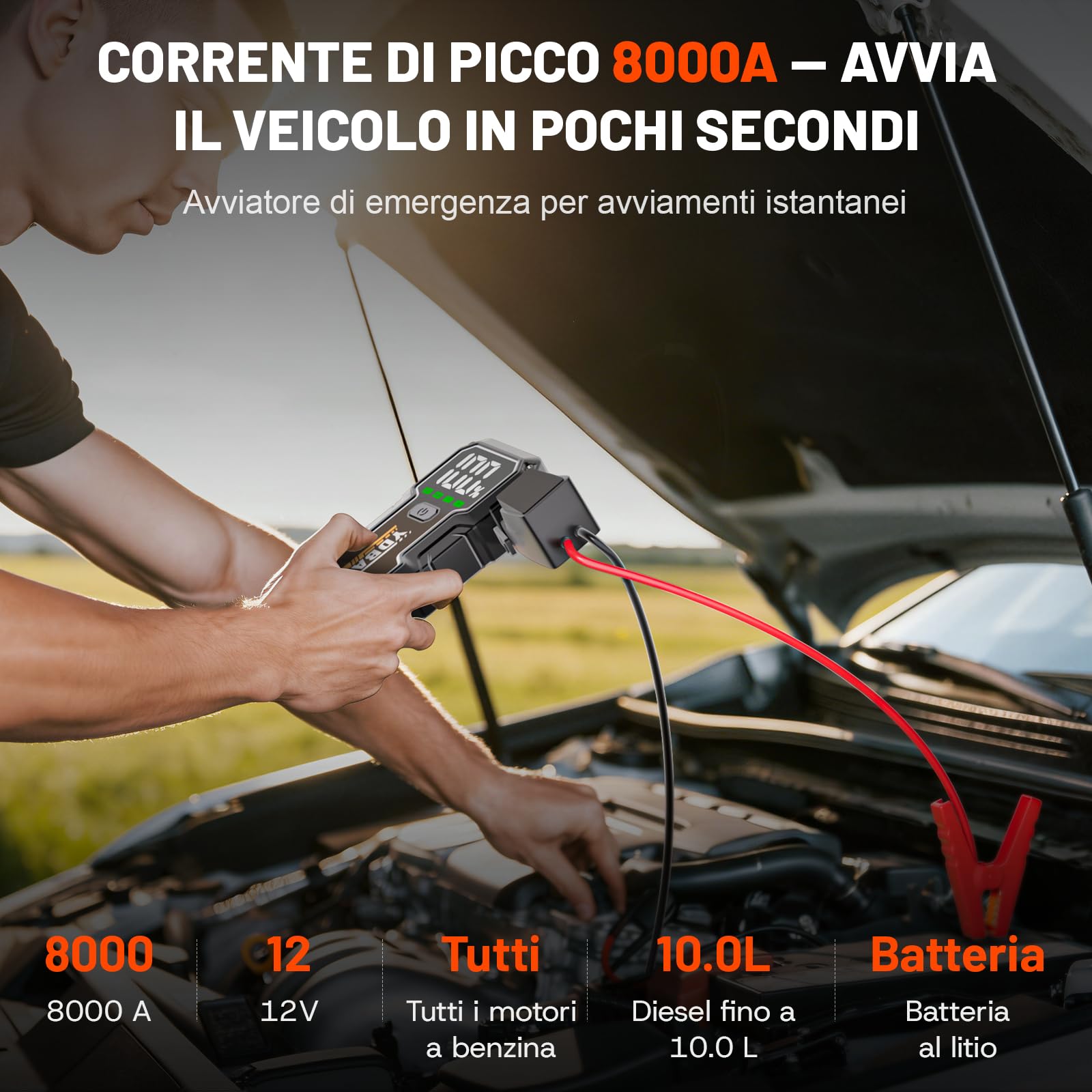 YDBAO Avviatore Batteria Auto 8000A Avviatore di Emergenza per Auto/Moto (Fino e 10.0L Diesel) 12V Booster Avviamento con Display LCD Jump Starter con Torcia a LED per Auto, Moto, Camion