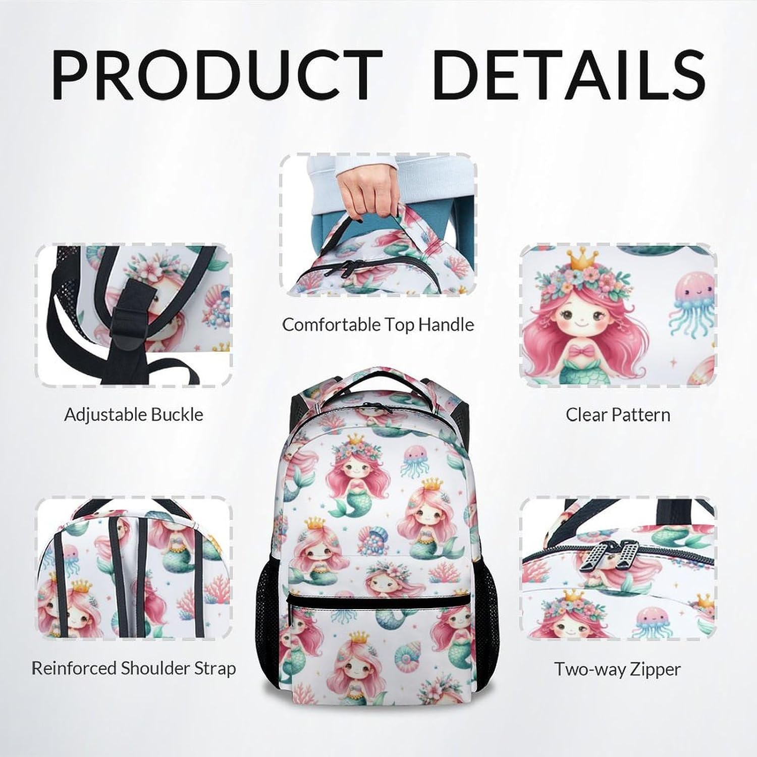 UNIKITTY Kids Backpack for School, Mermaid Backpack for Girls, 17" School Backpack for Kids Students, White Cute Large Capacity Bookbag with Adjustable Straps