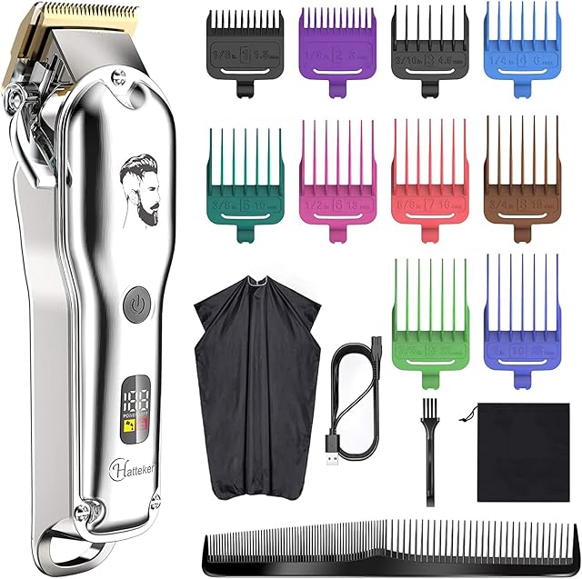Hatteker Mens Hair Clipper Beard Trimmer Hair Trimmer for Men Cordless Clippers Professional Barbers Grooming Kit IPX7 Waterproof, Rechargeable, Colorful Combs, Silver