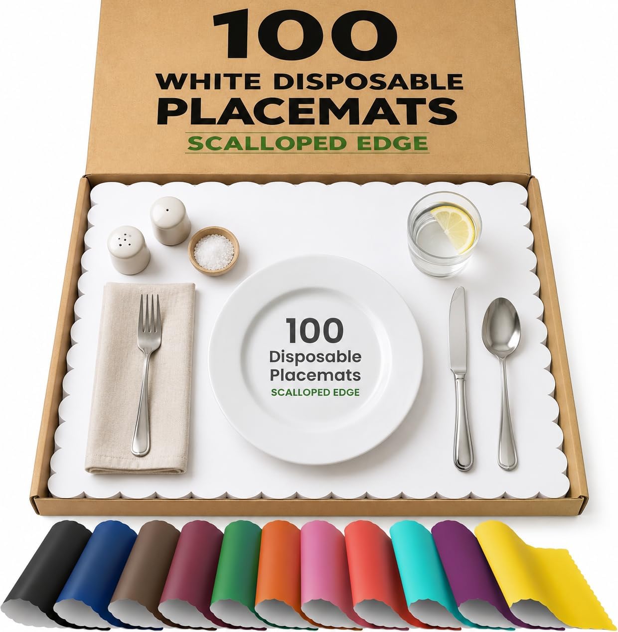 100 White Scalloped Paper Placemats – 10" x 14", 80 GSM, Disposable Table Mats in Dispenser Box