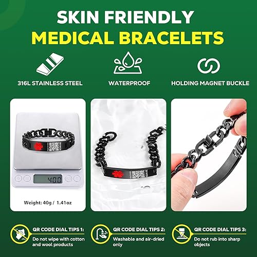 Vista 106 de Pulseras médicas mejoradas para hombres y mujeres con código QR, pulseras de identificación de alerta médica, pulsera de acero de titanio que se